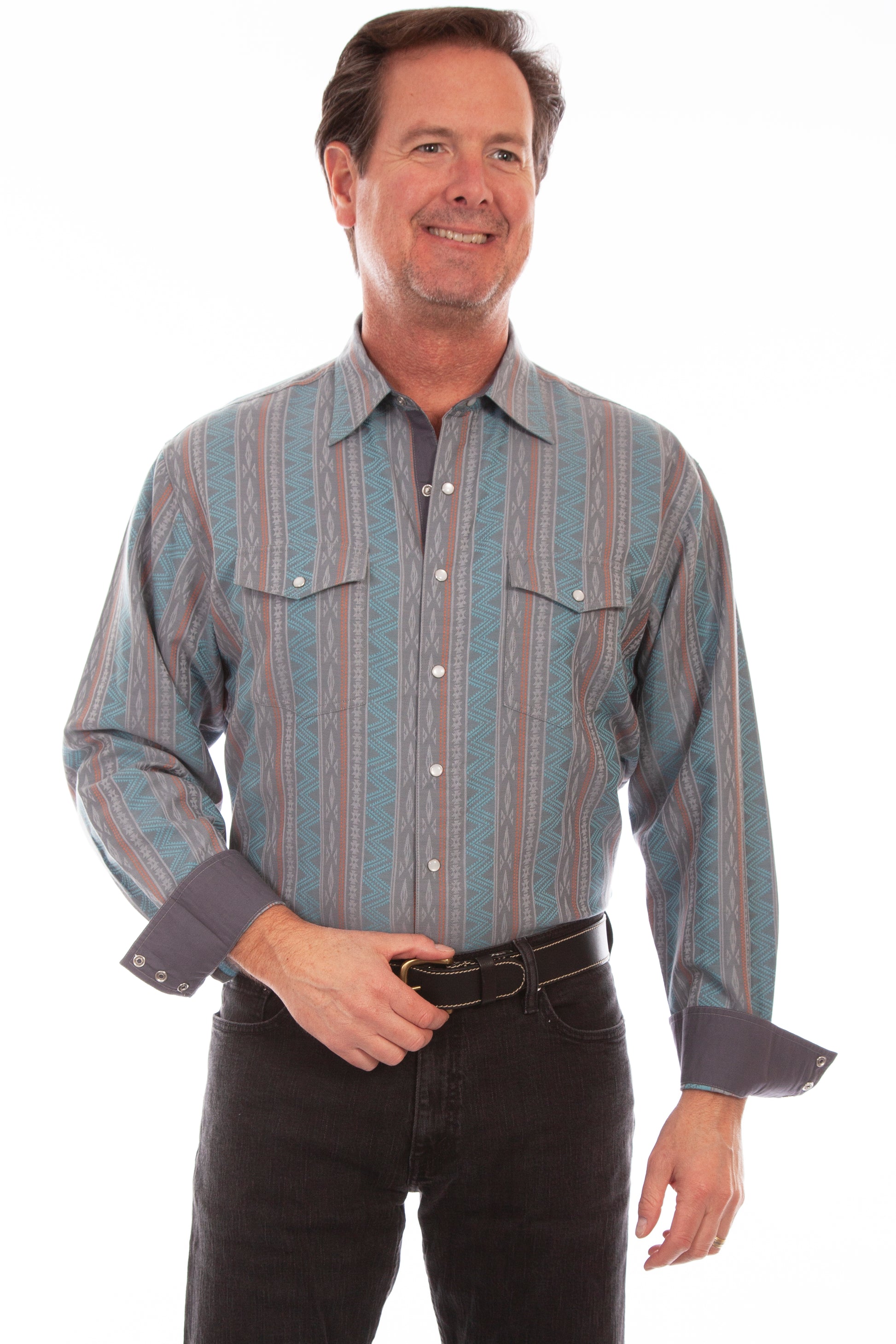 Scully Western Men's Signature Southwest Stripe Snap Shirt in Turquoise