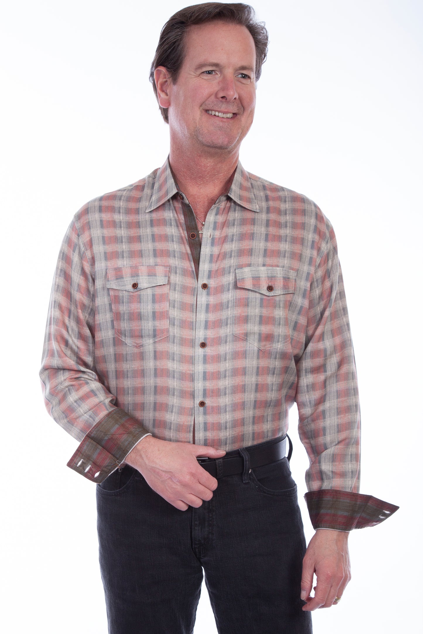 Scully Western Men's Tencel Plaid Print Button Shirt in Coral