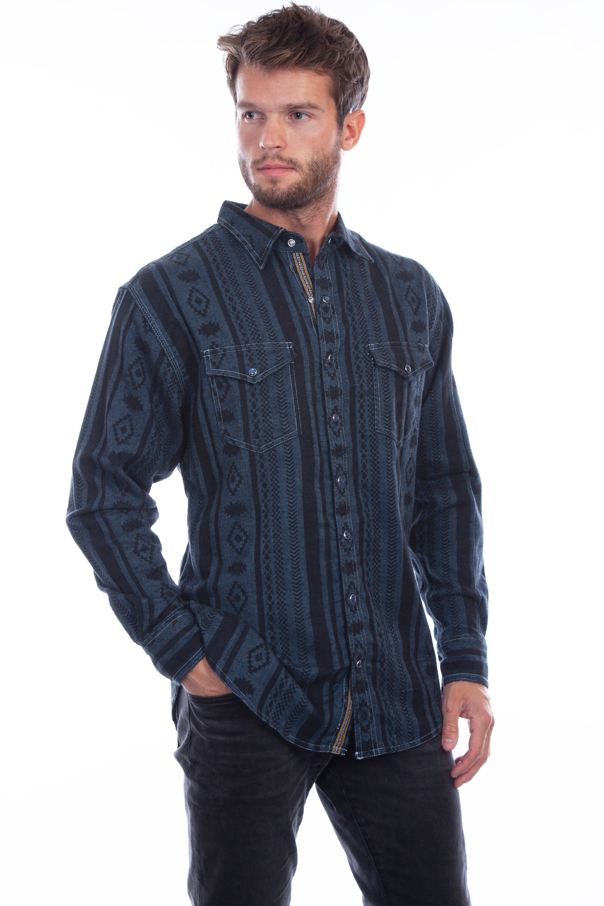 Scully Western Men's Signature Diamond Stripe Print Shirt in Blue