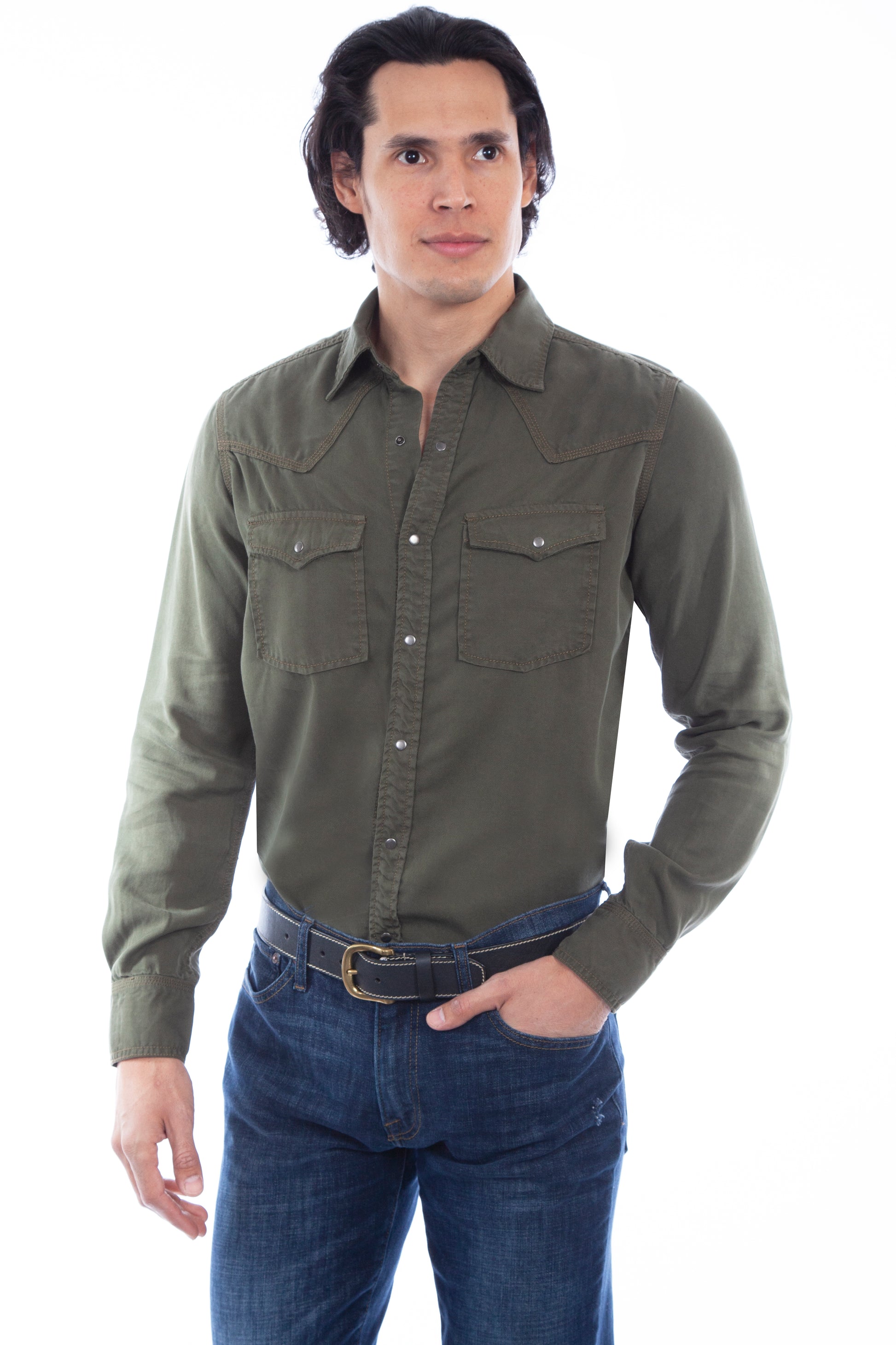 Scully Western Men's Snap Front Tencel Shirt in Army