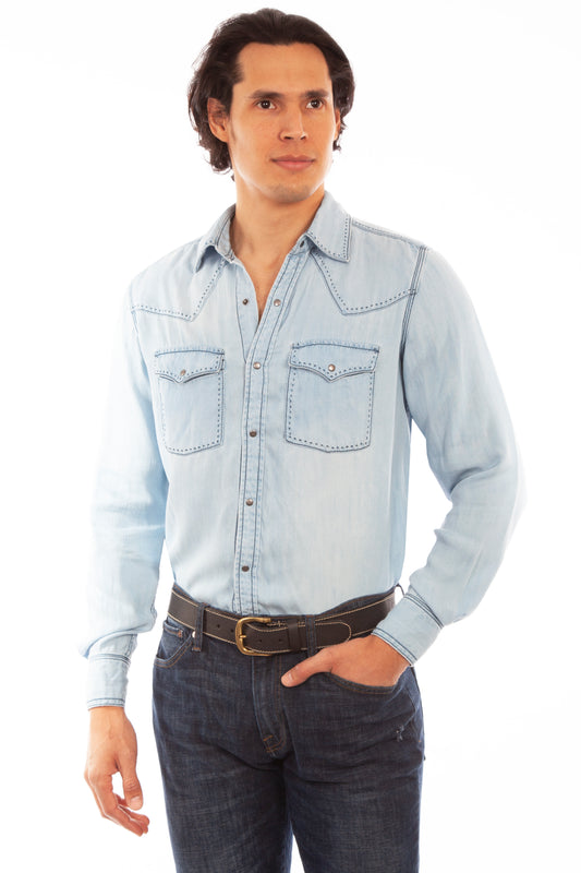Scully Western Men's Snap Front Tencel Shirt in Light Blue