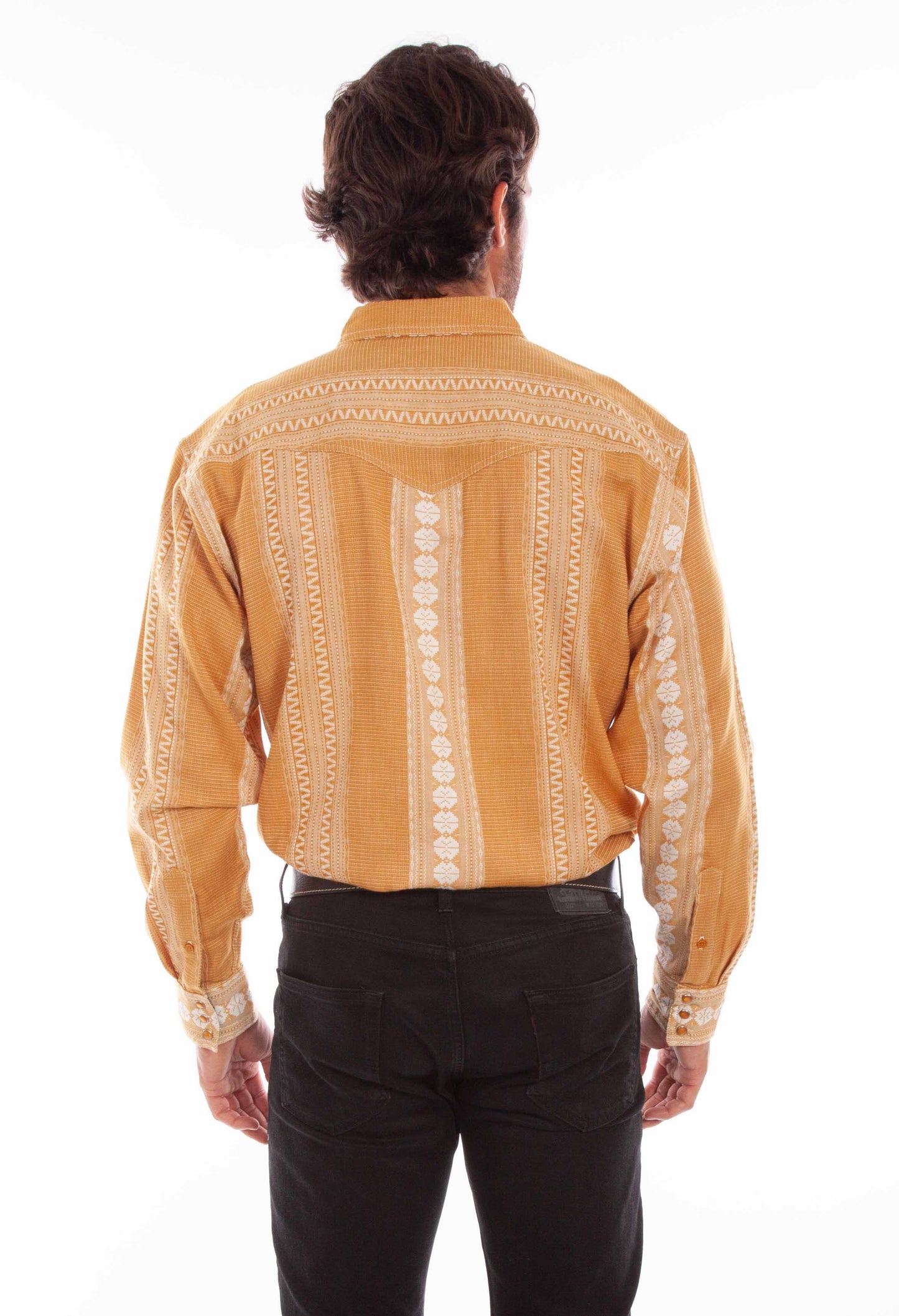 Scully Western Men's Jacquard Striped Print Pearl Snap Shirt in Mustard