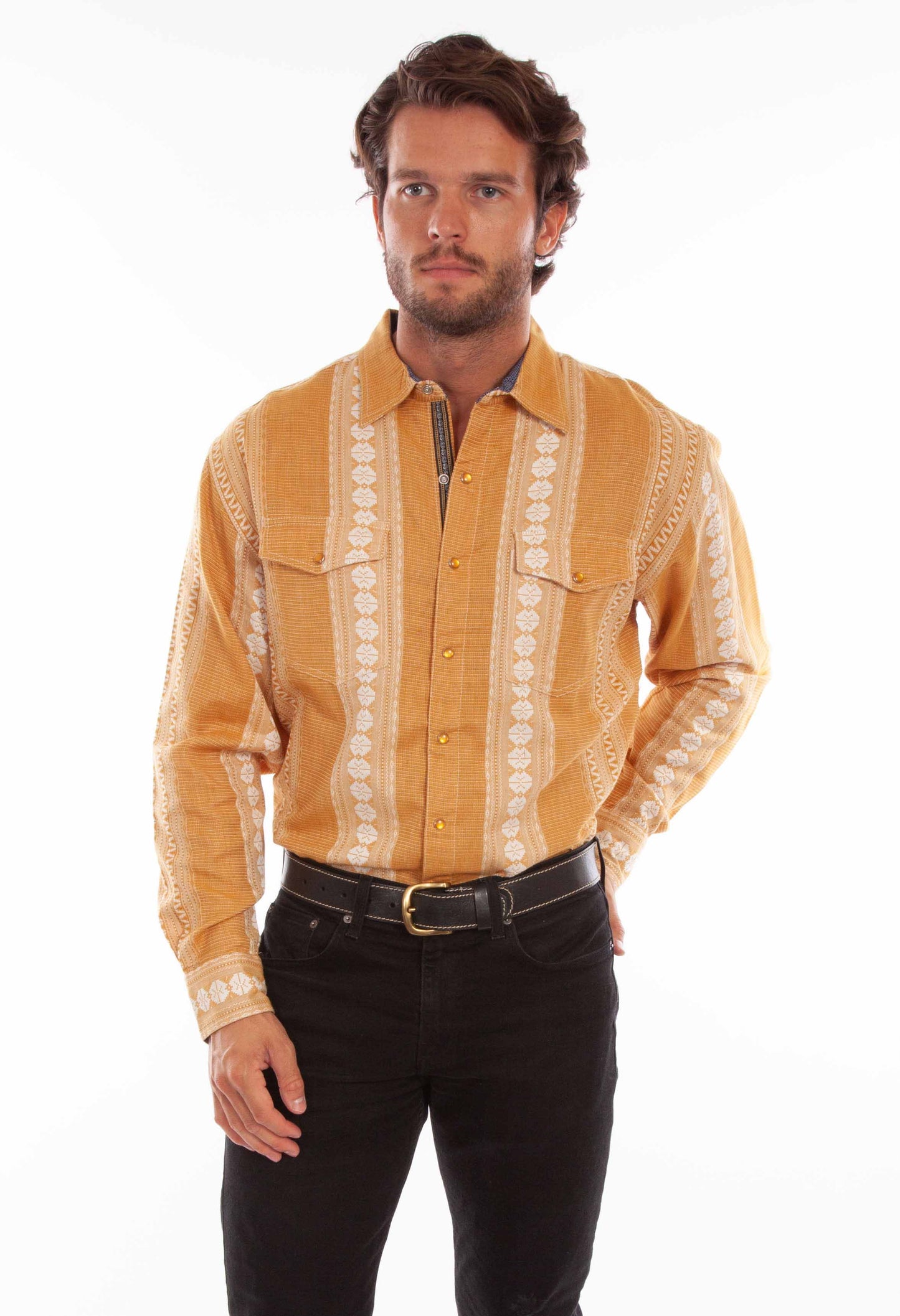 Scully Western Men's Jacquard Striped Print Pearl Snap Shirt in Mustard