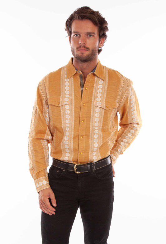 Scully Western Men's Jacquard Striped Print Pearl Snap Shirt in Mustard