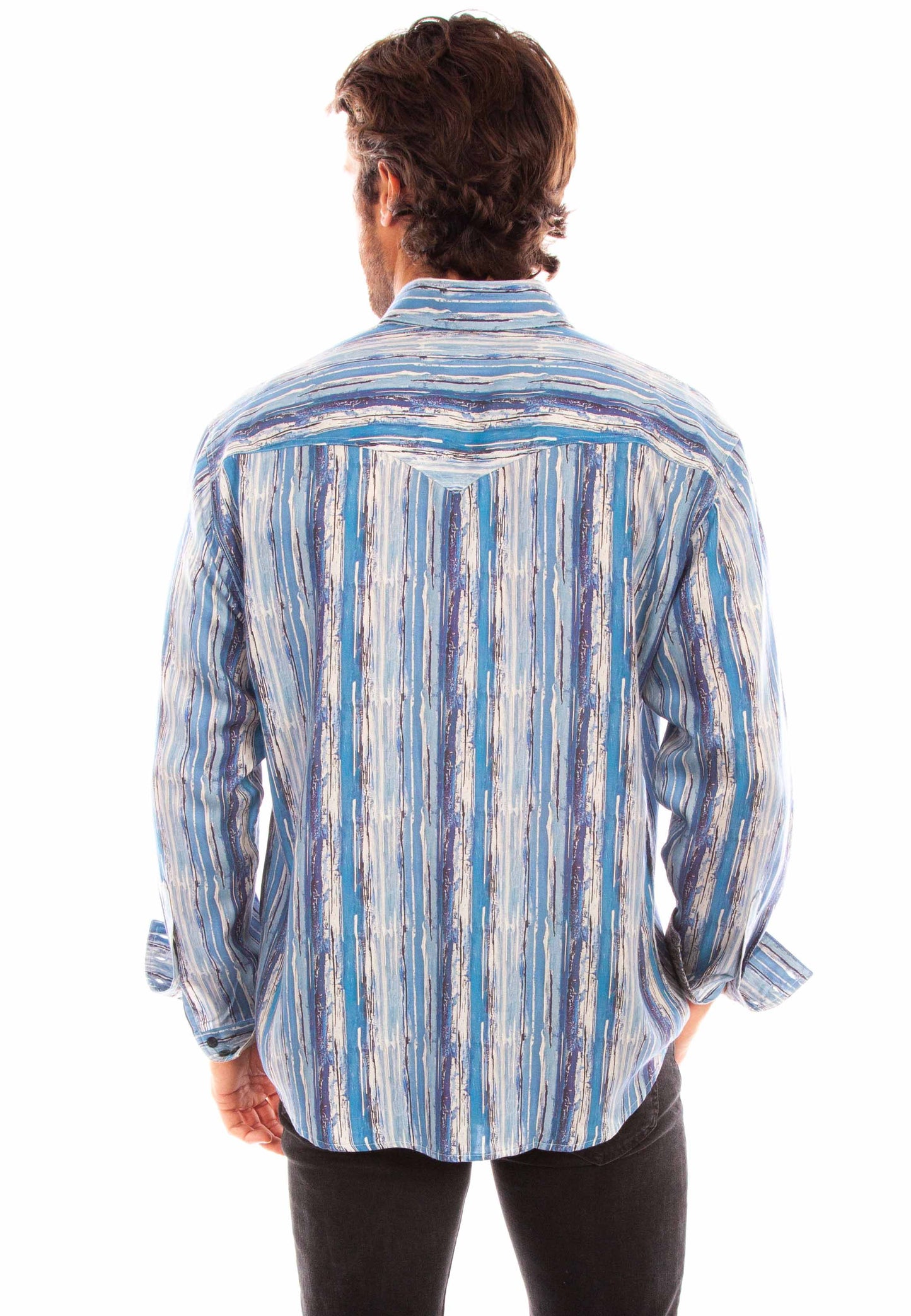 Scully Western Men's Long Sleeve Stripe Tencel Shirt in Blue