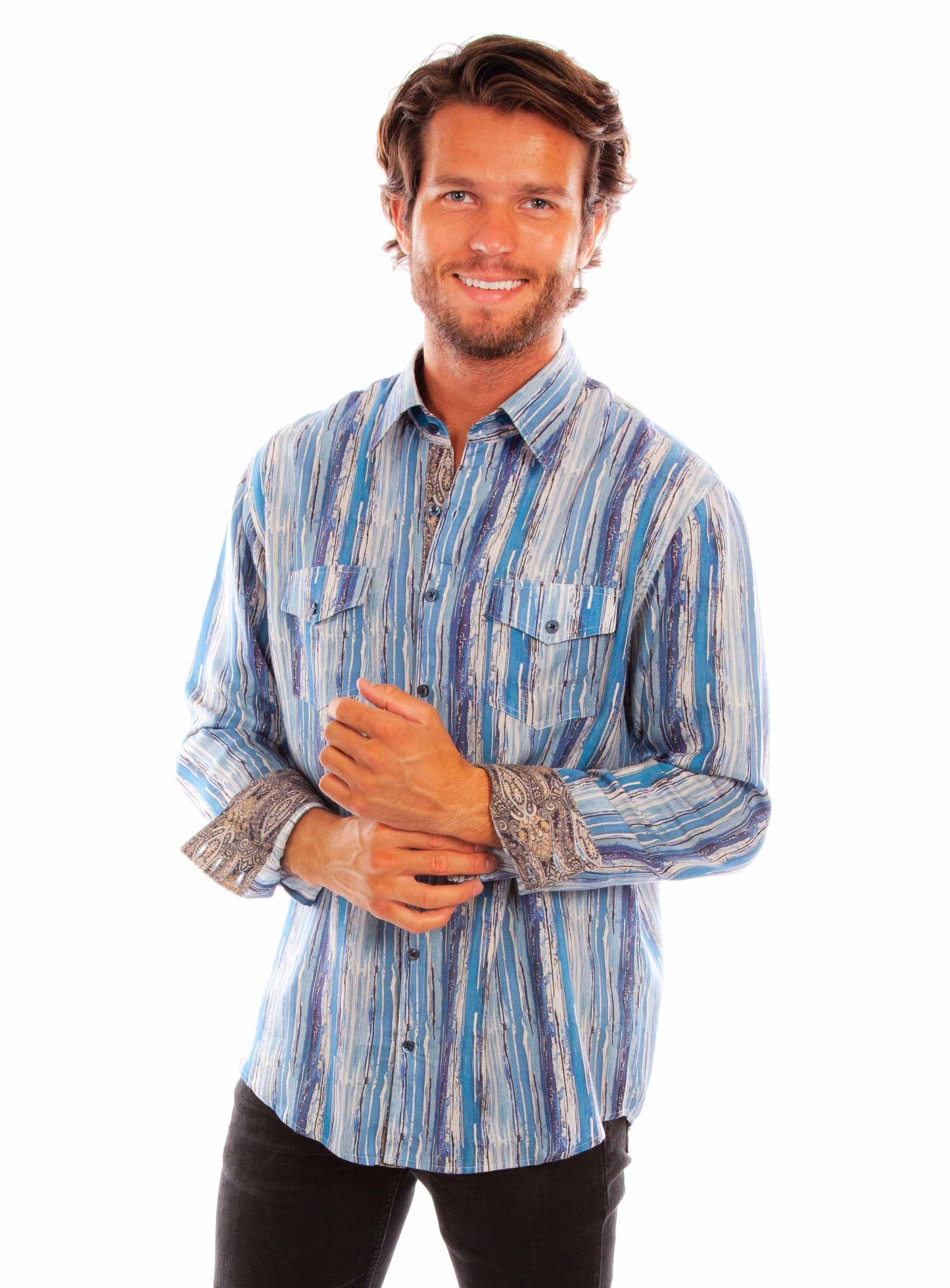 Scully Western Men's Long Sleeve Stripe Tencel Shirt in Blue