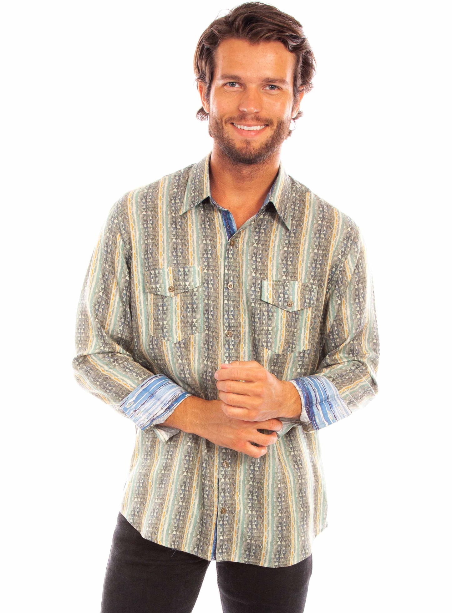 Scully Men's Signature Stripe Tencel Shirt in Earth