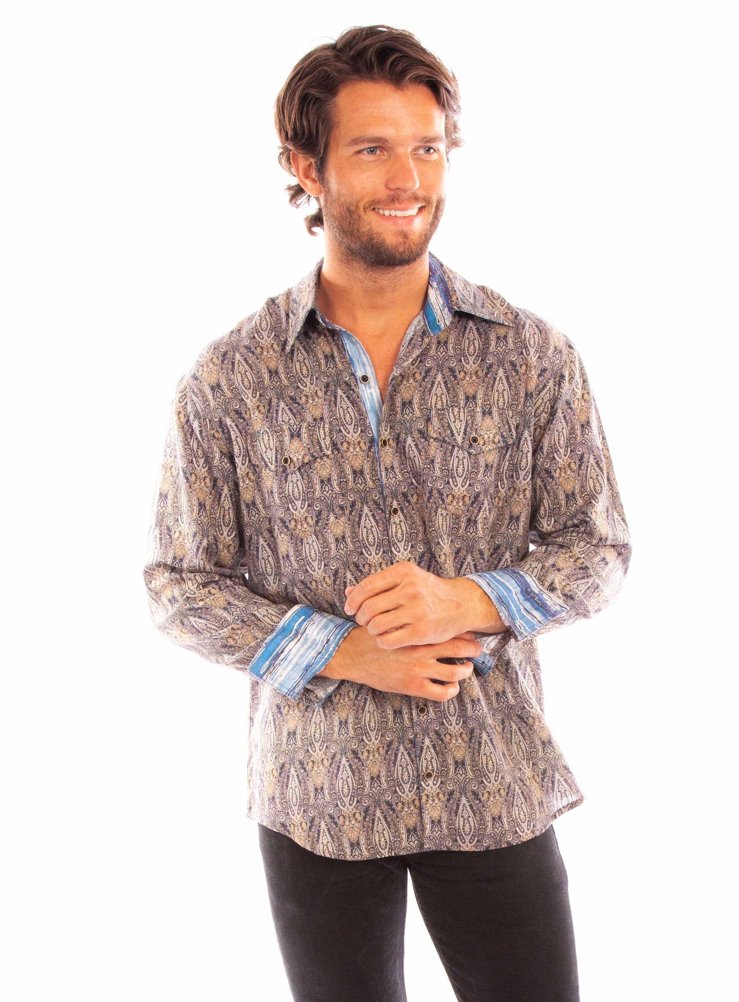 Scully Men's Signature Paisley Tencel Shirt in Navy
