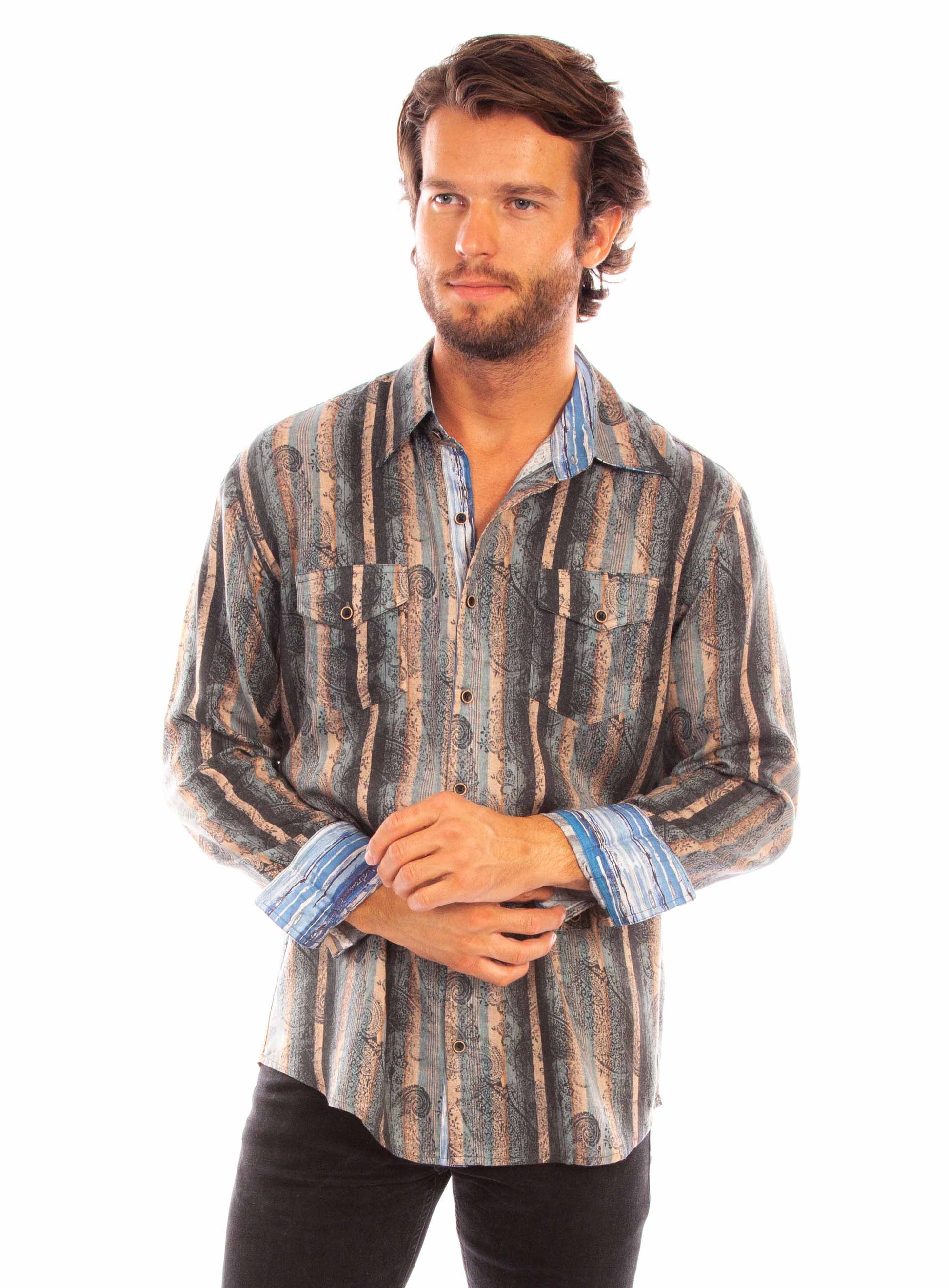 Scully Men's Signature Paisley Stripe Tencel Shirt in Taupe
