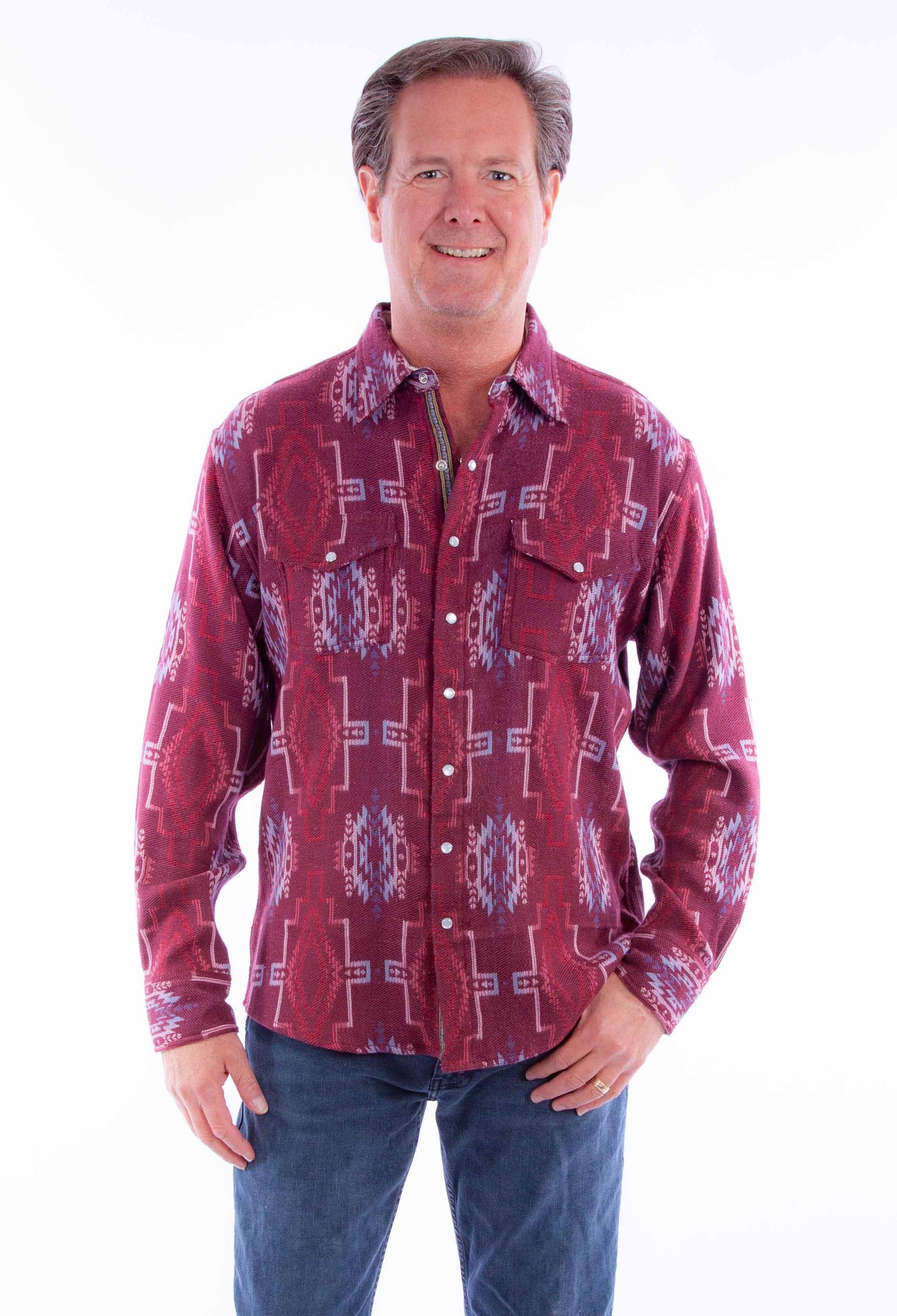 Scully Men's Signature Southwest Cotton Shirt in Burgundy