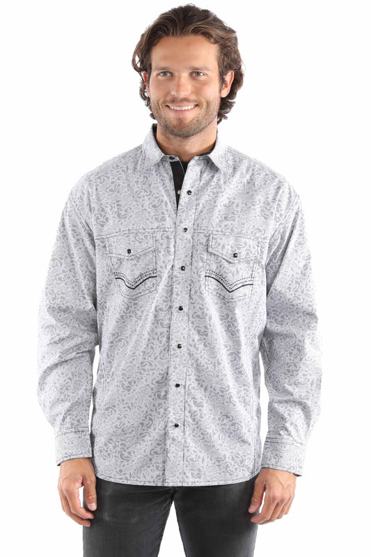 Scully Men's Signature Stripe Print Shirt in Grey