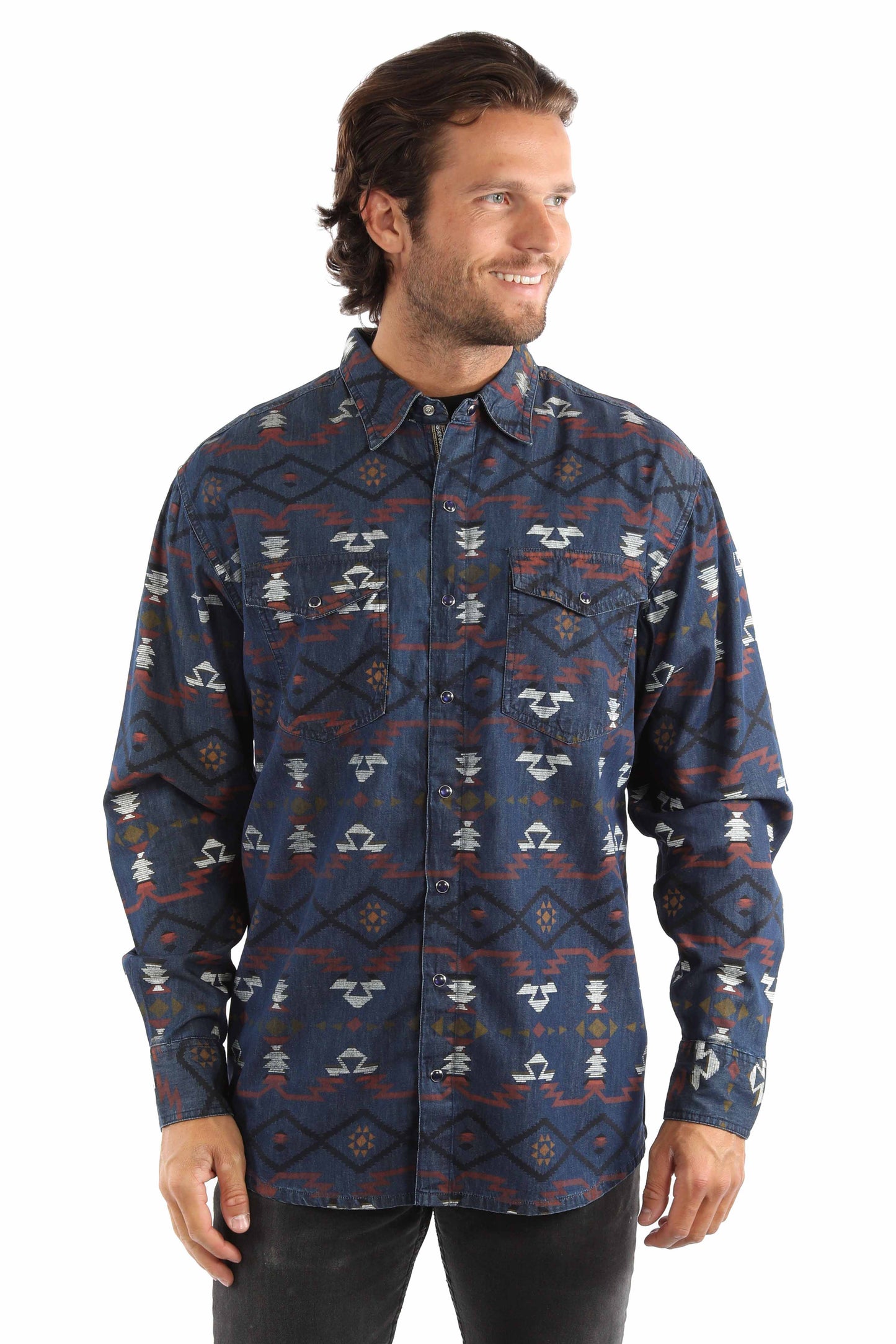 Scully Western Men's Southwest Print Snap Shirt in Blue