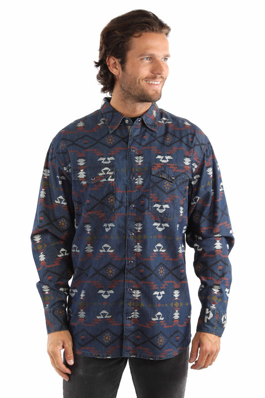 Scully Western Men's Southwest Print Snap Shirt in Blue