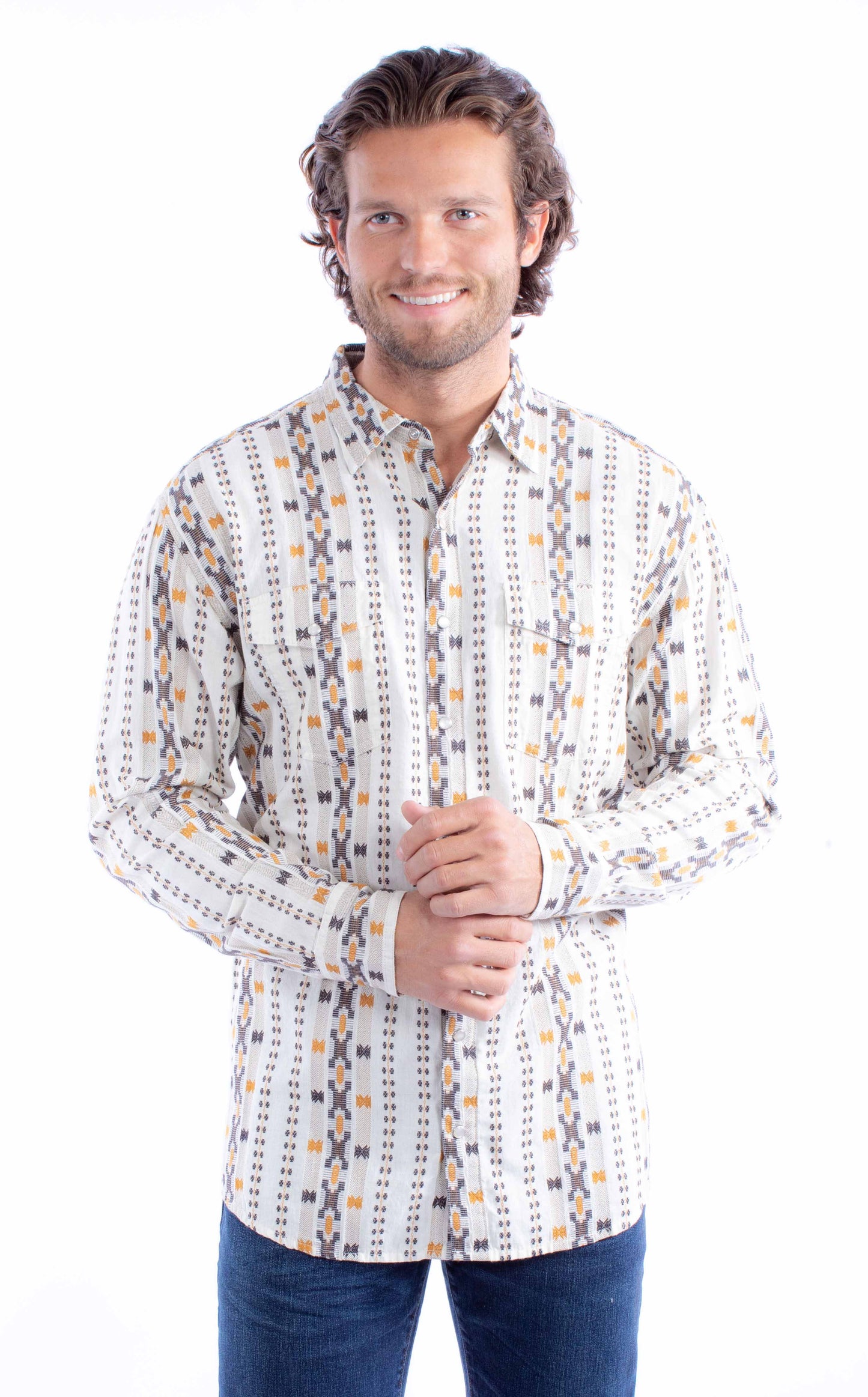 Scully Men's Dobby Stripe Signature Shirt in Natural