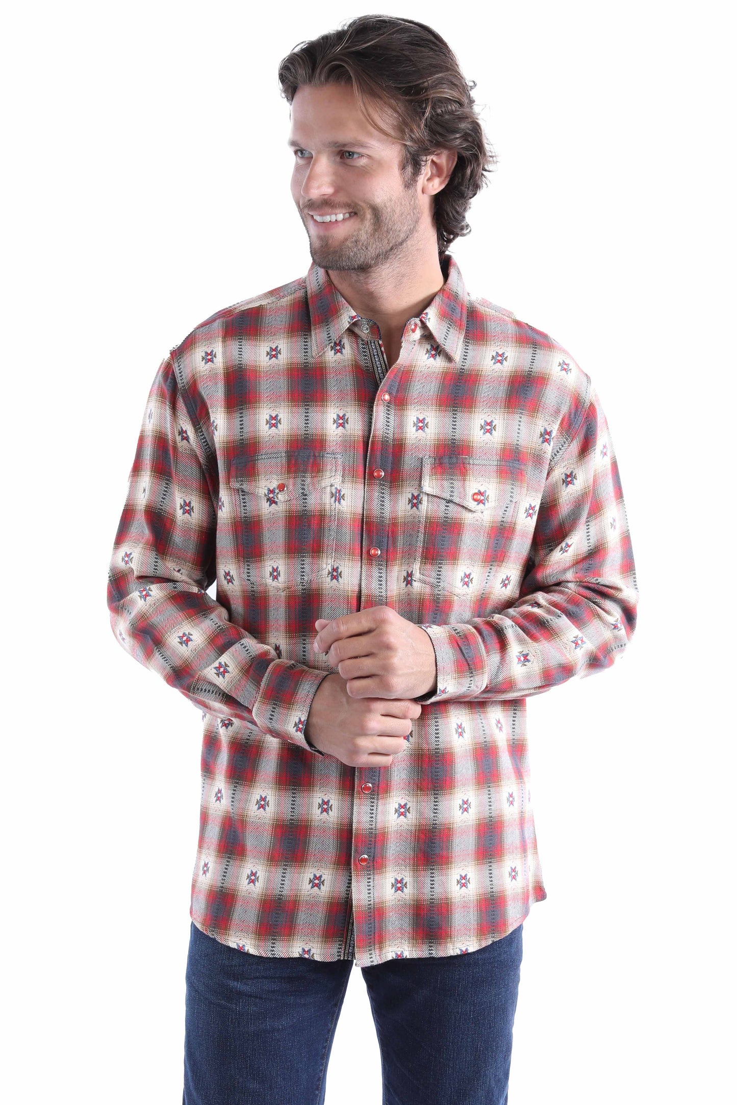 Scully Men's Dobby Yarn Dyed Signature Shirt in Red-Tan