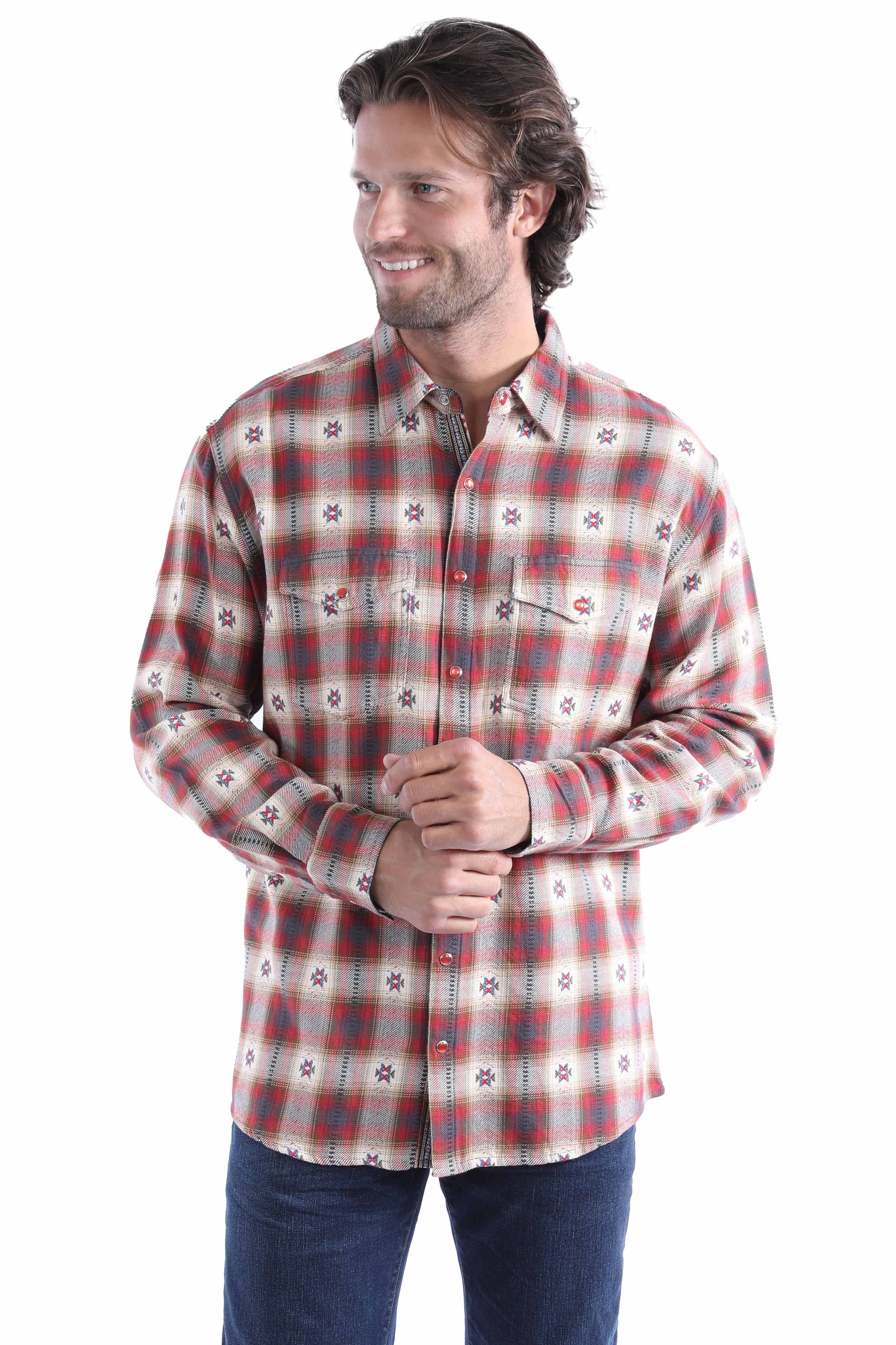 Scully Men's Dobby Yarn Dyed Signature Shirt in Red-Tan