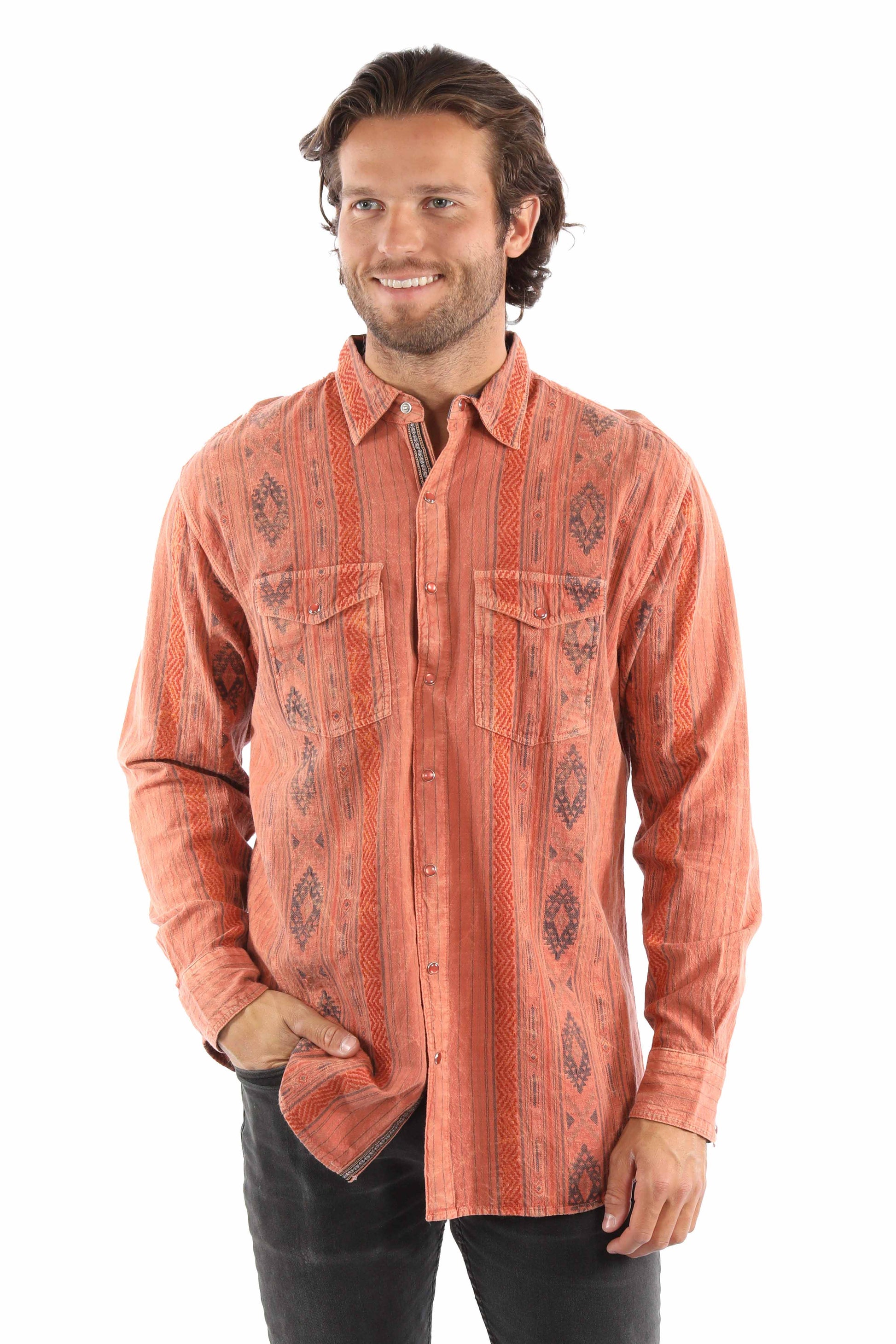 Scully Men's Overdyed Diamond Jacquard Signature Crack Washed Shirt in Rust