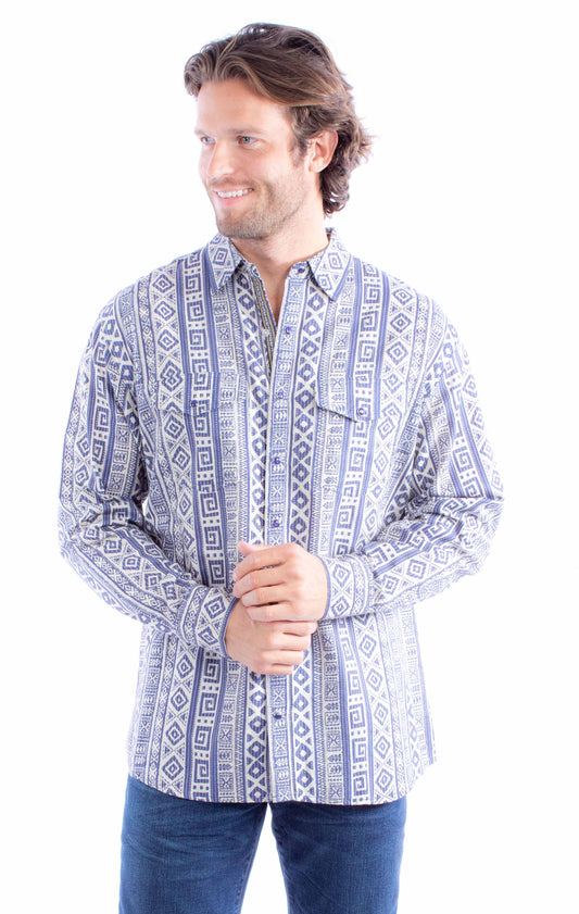 Scully Men's Kantha Signature Cotton Shirt in Blue