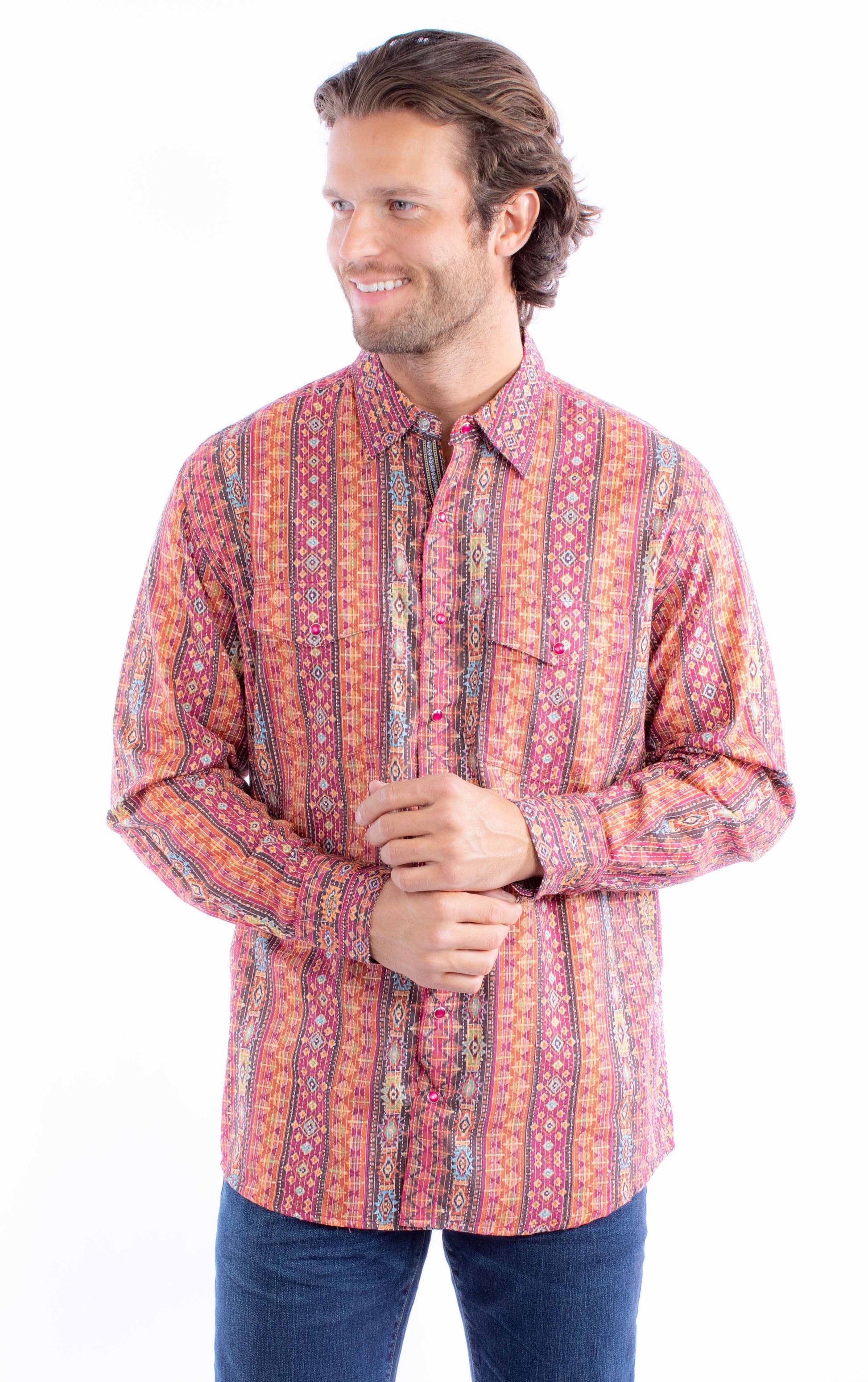 Scully Men's Kantha Signature Cotton Shirt in Burgundy