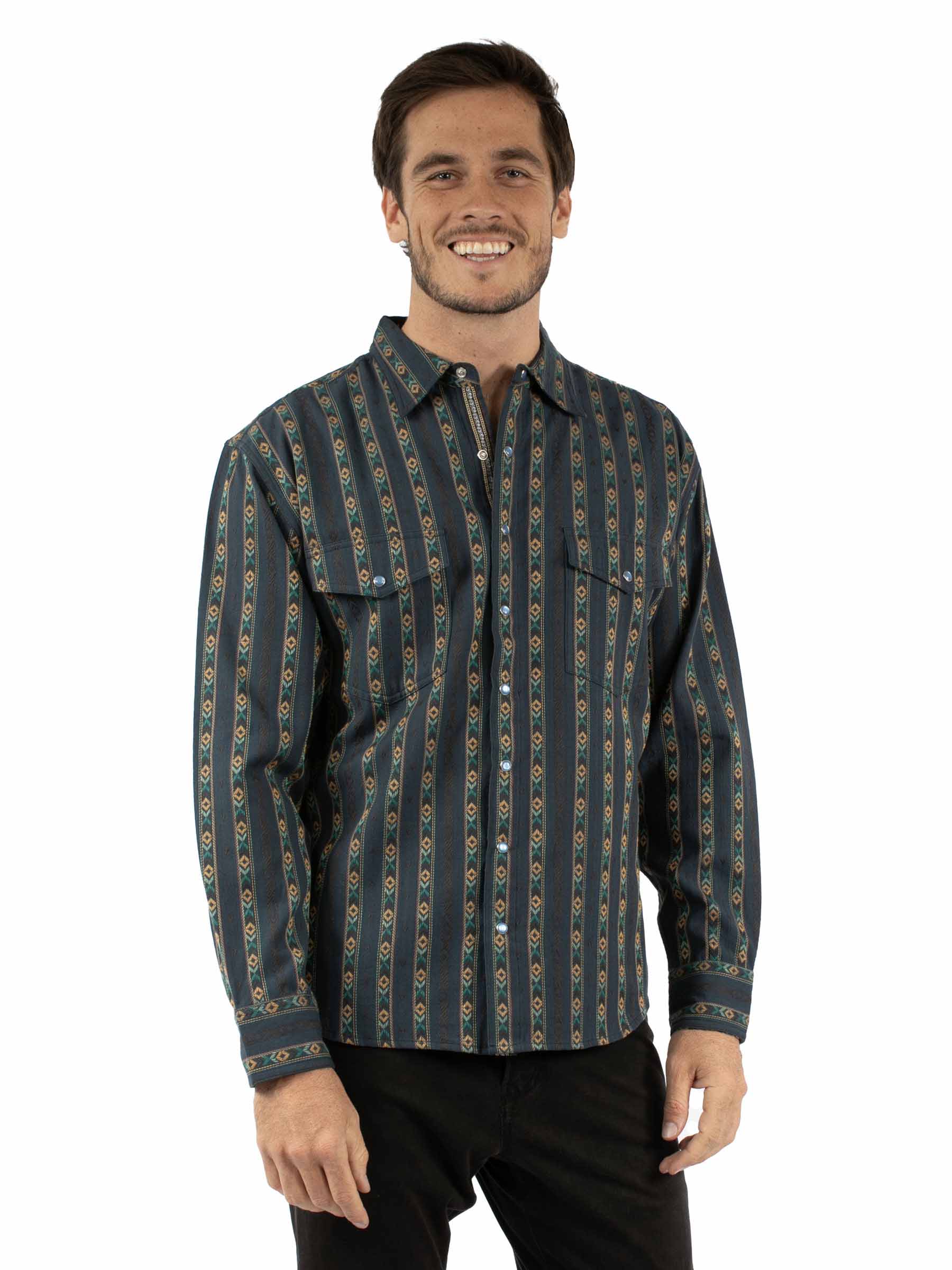 Scully Men's Yarn Dyed Dobby Striped Signature Jacquard Shirt in Navy