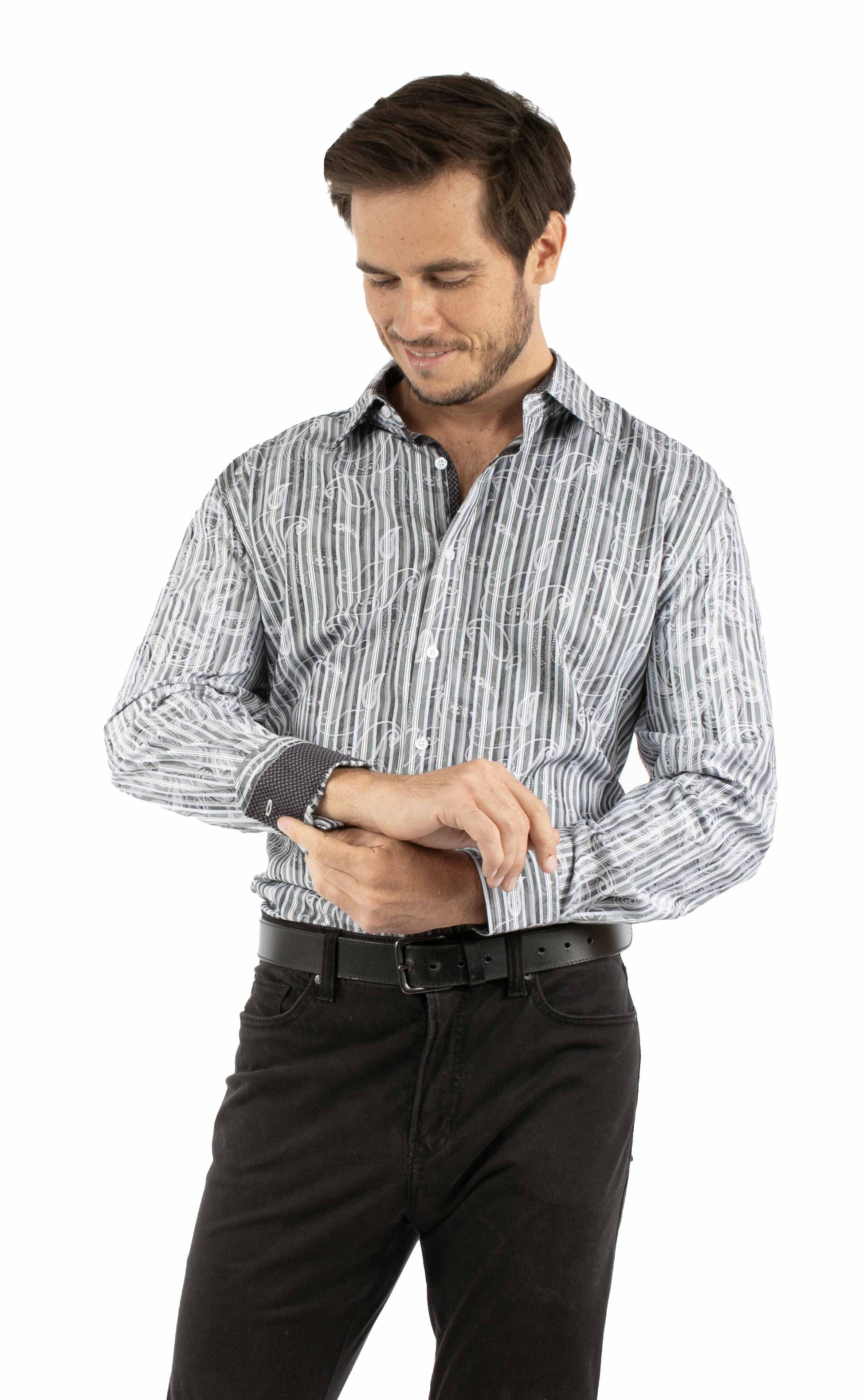 Scully Western Men's Paisley Striped Button Jacquard Shirt in Charcoal