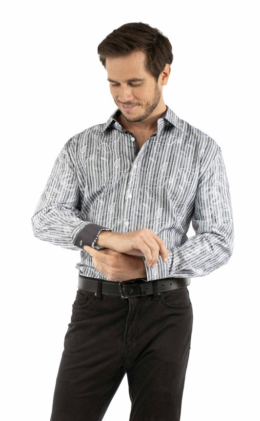 Scully Western Men's Paisley Striped Button Jacquard Shirt in Charcoal