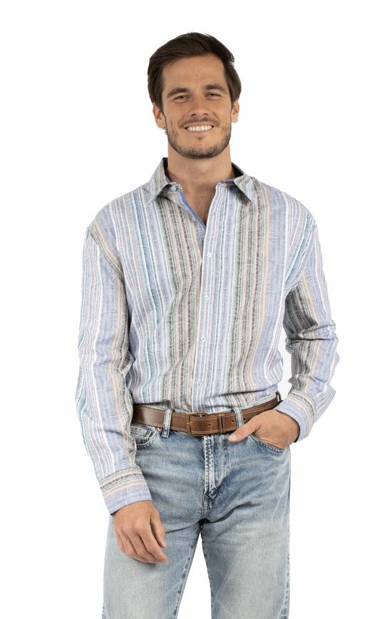 Scully Western Men's Paisley Striped Button Jacquard Shirt in Blue