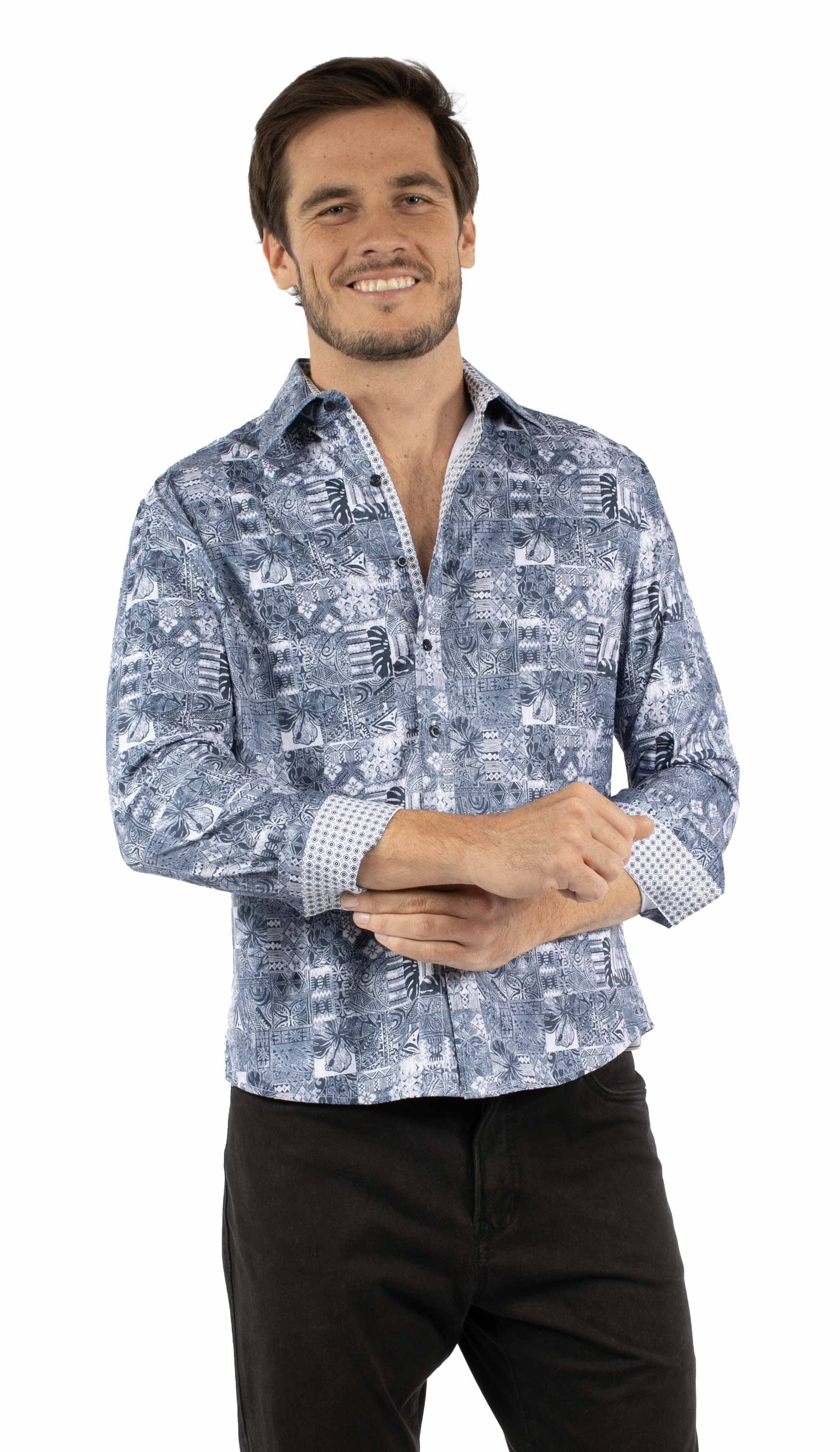 Scully Western Men's Polynesian Print Button Shirt in Blue