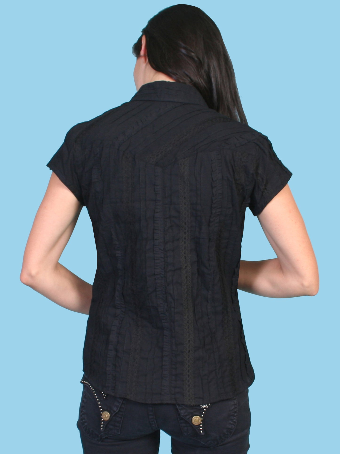 Scully Honey Creek Women's Cap Sleeve Lace Snap Front Top in Black