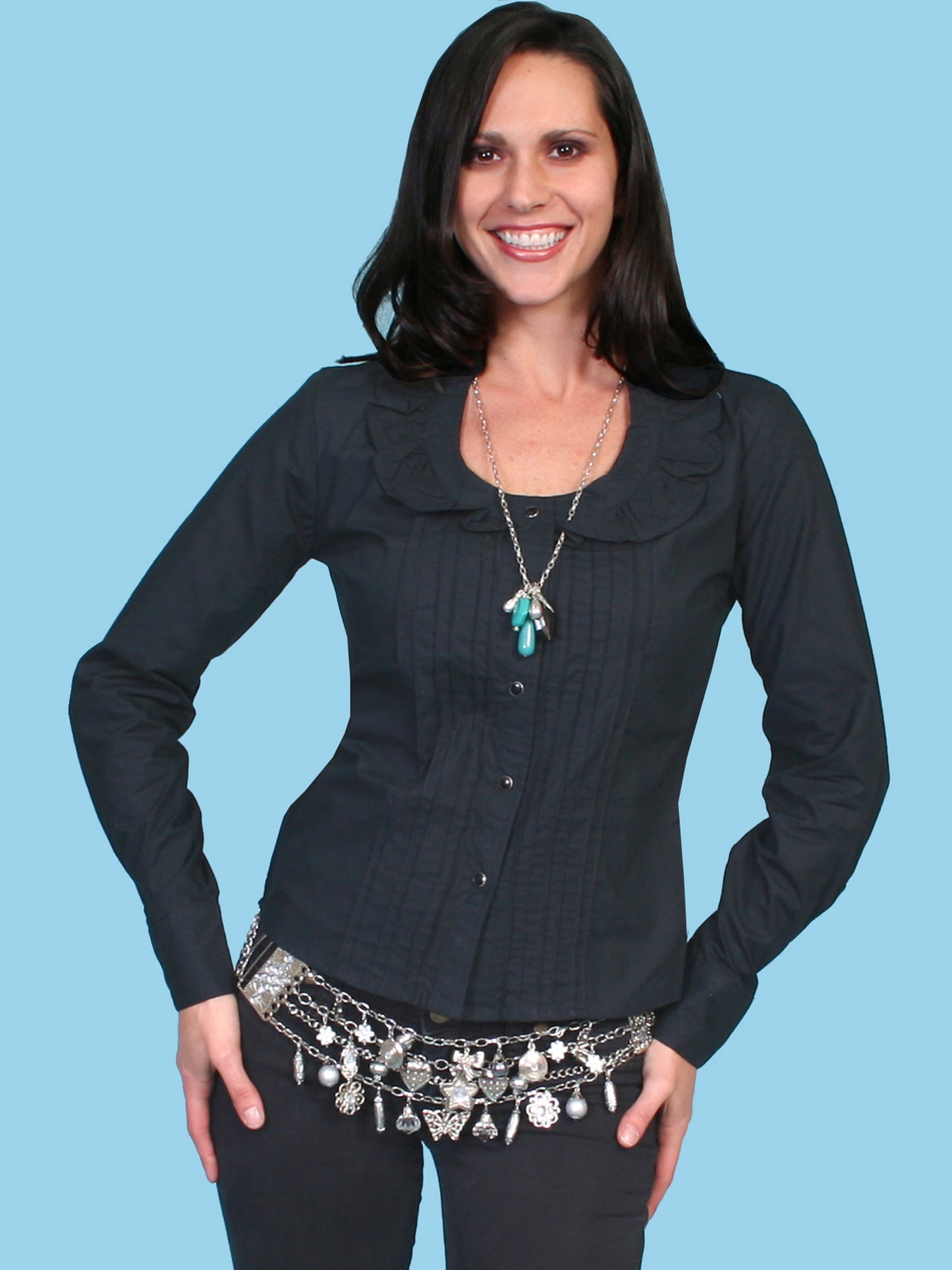 Scully Women's Junior Fit Ruffle Blouse in Black