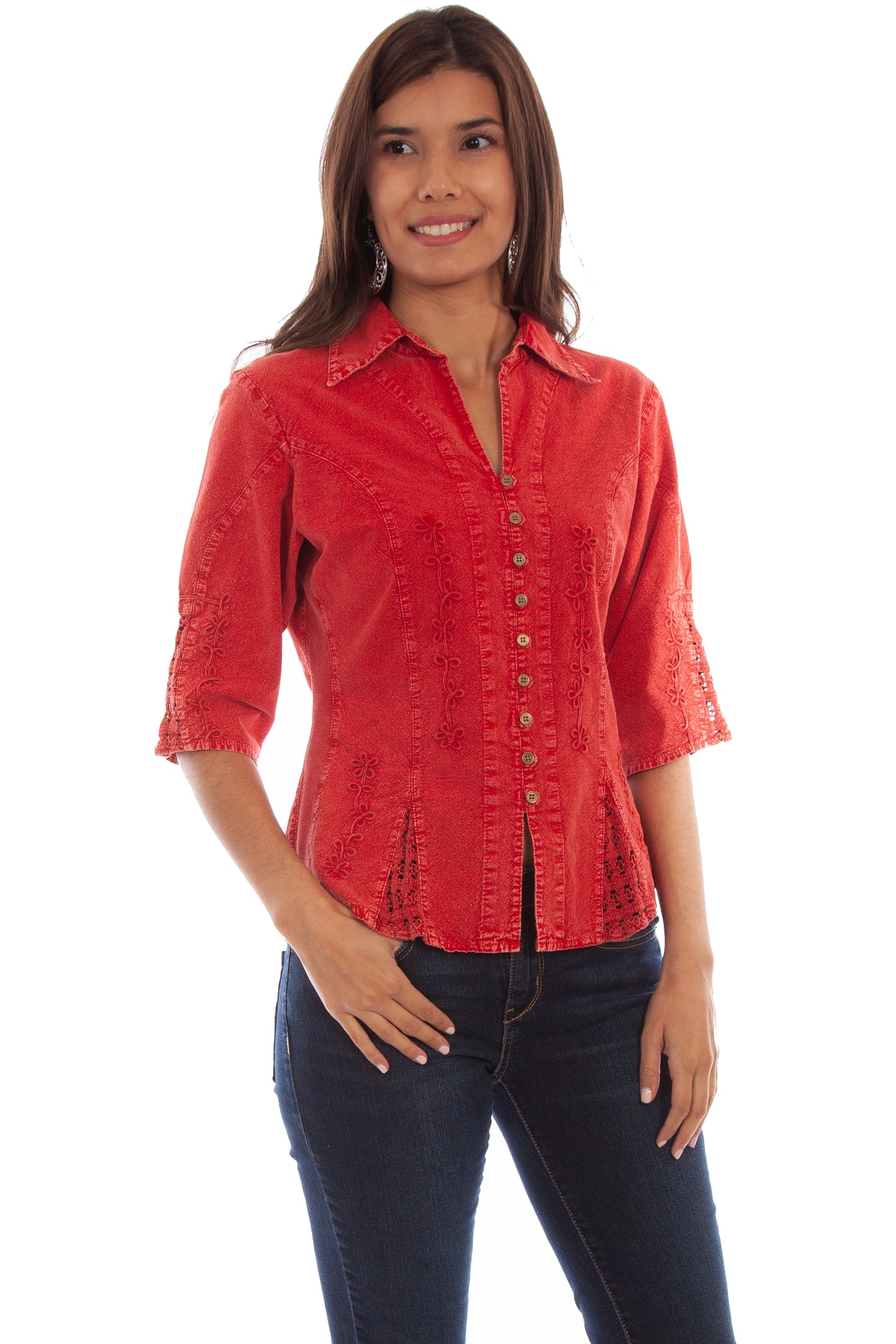Scully Women's Cantina Collection 3/4 Sleeve Floral Sleeve Peruvian Cotton Blouse in Brick