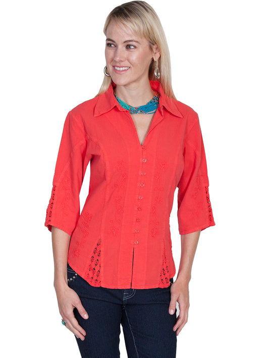 Scully Women's Cantina Collection 3/4 Sleeve Floral Sleeve Peruvian Cotton Blouse in Cayenne