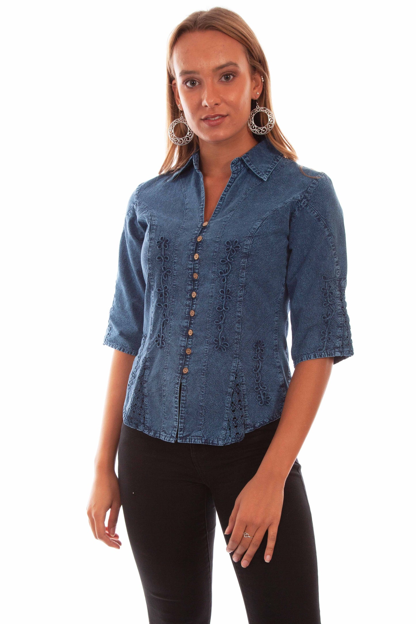 Scully Women's Cantina Collection 3/4 Sleeve Peruvian Cotton Blouse in Dark Blue