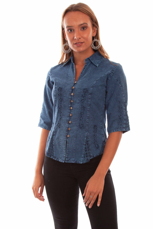 Scully Women's Cantina Collection 3/4 Sleeve Peruvian Cotton Blouse in Dark Blue