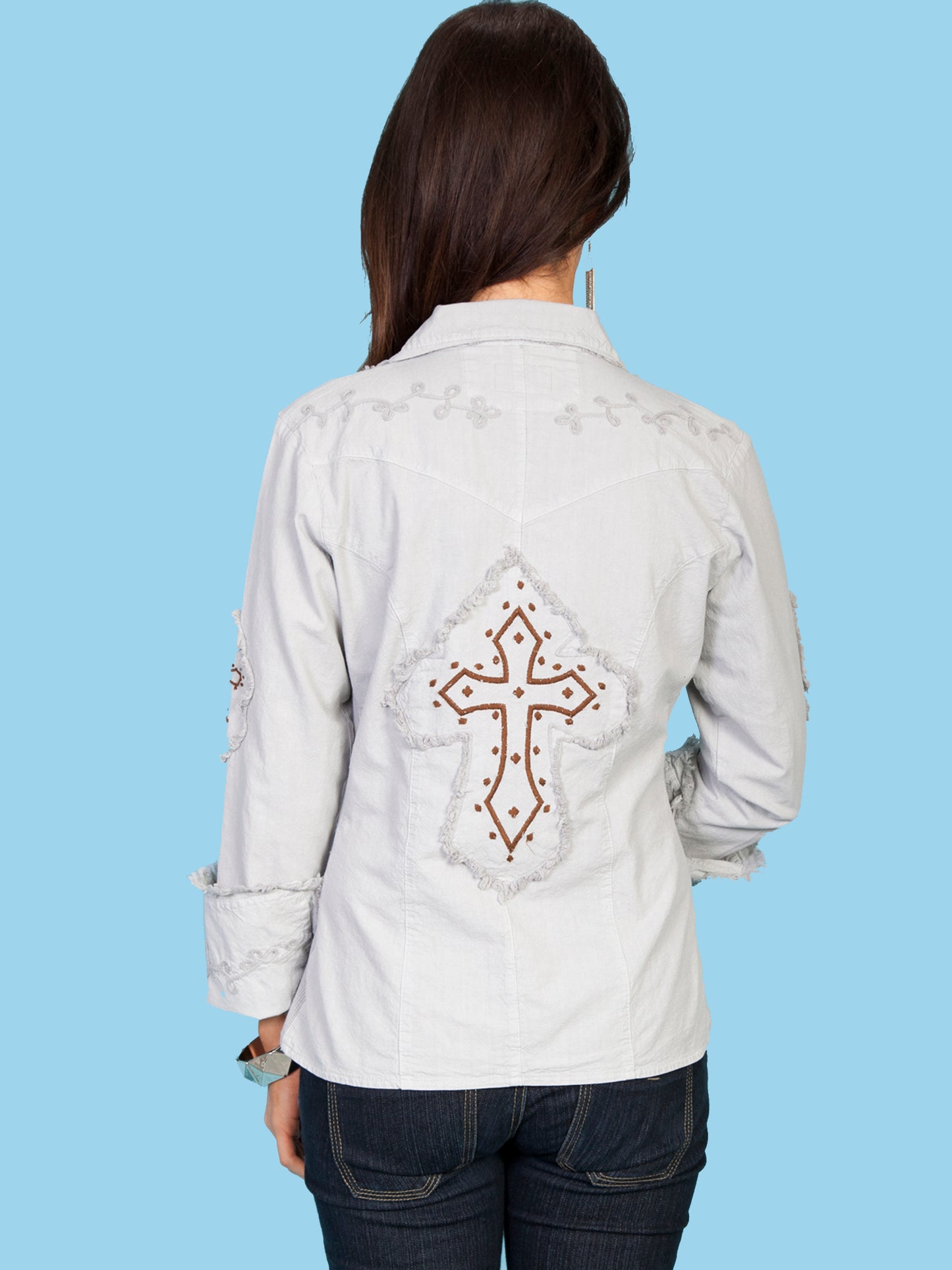 Scully Women's Peruvian Cotton Embroidered Cross Design Shirt in Light Grey