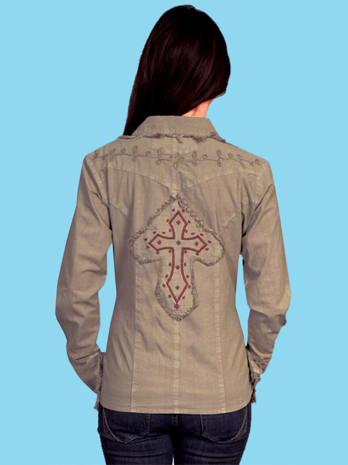 Scully Women's Peruvian Cotton Embroidered Cross Design Shirt in Olive