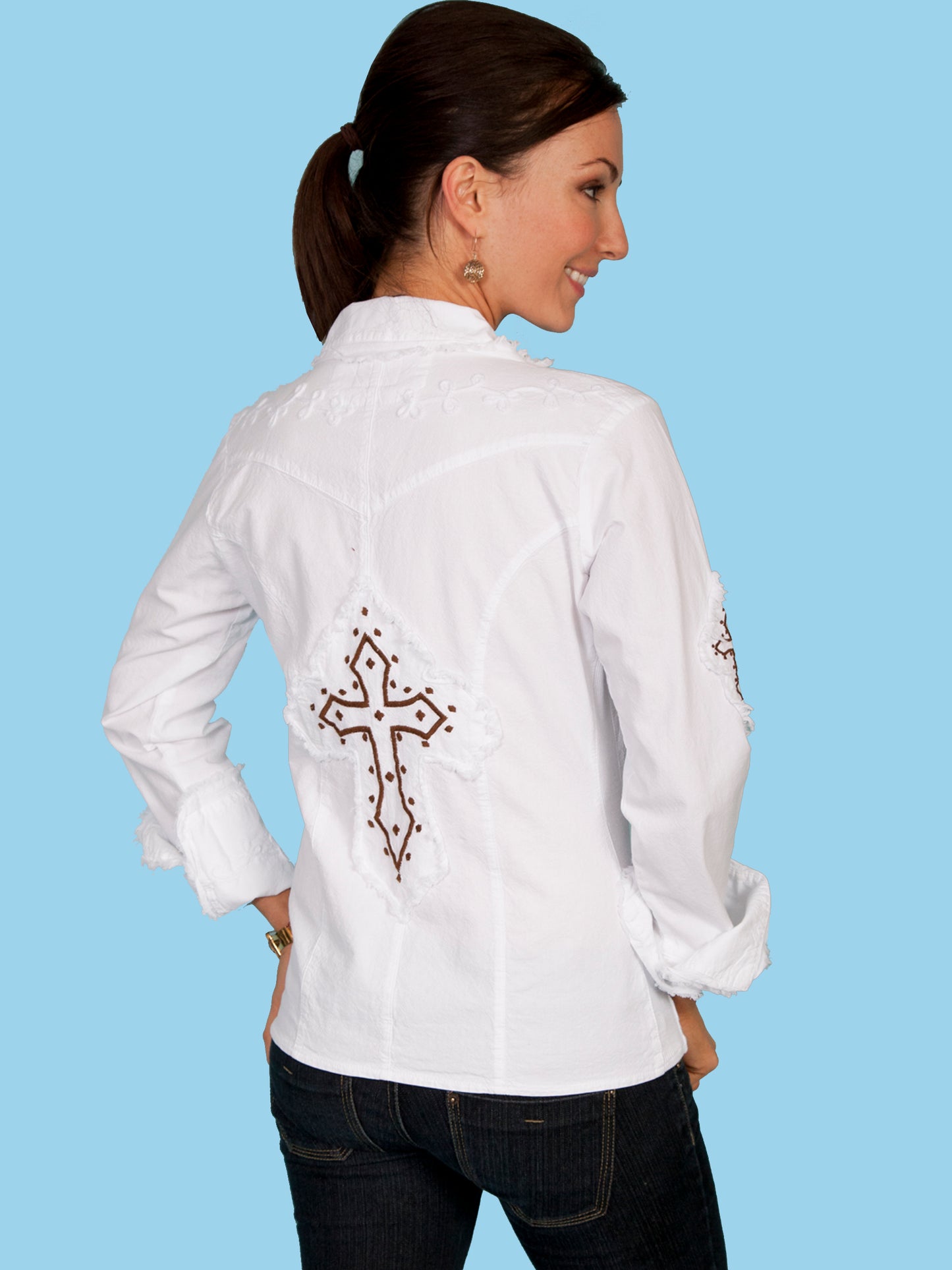 Scully Women's Peruvian Cotton Embroidered Cross Design Shirt in White