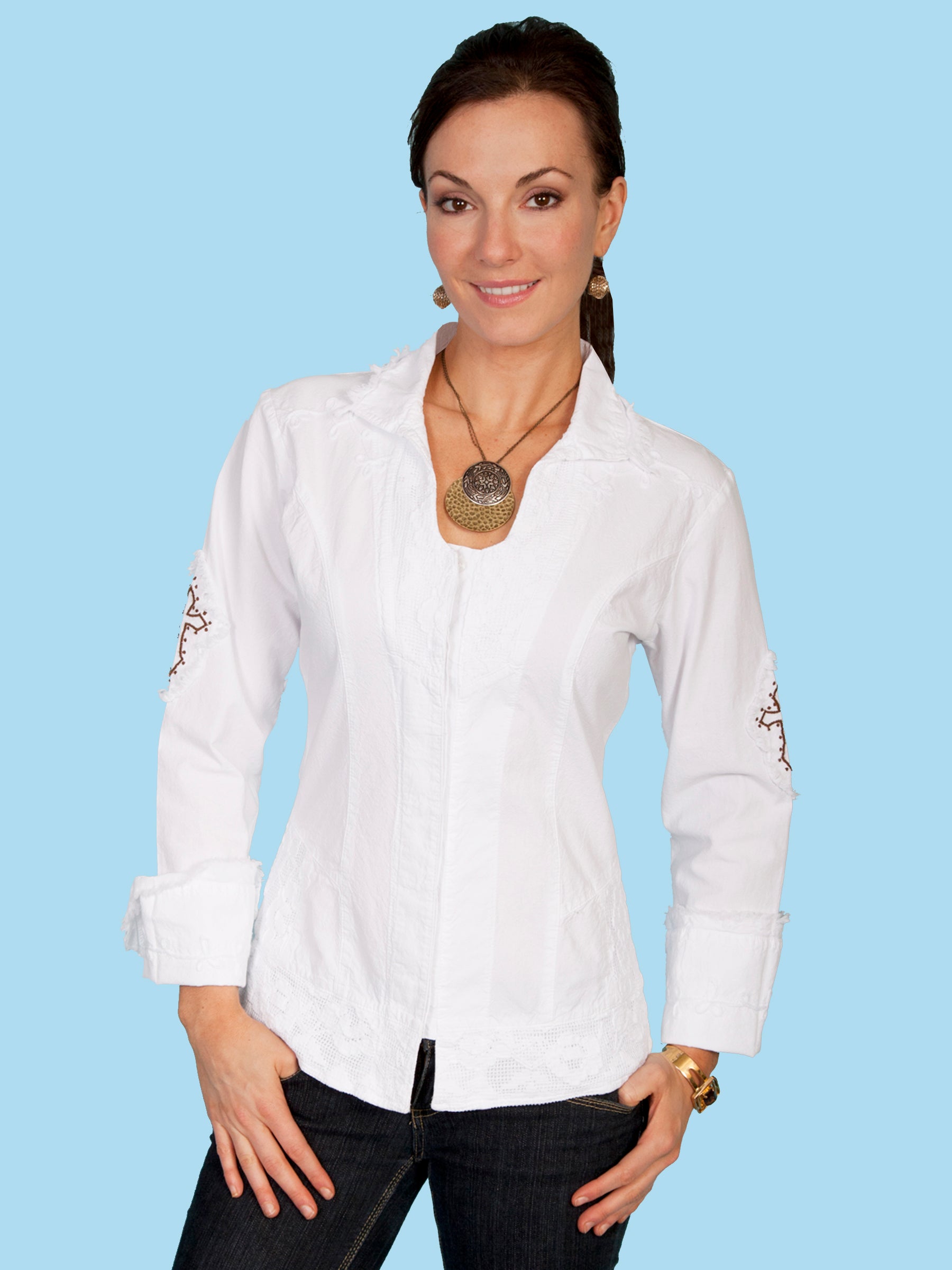 Scully Women's Peruvian Cotton Embroidered Cross Design Shirt in White