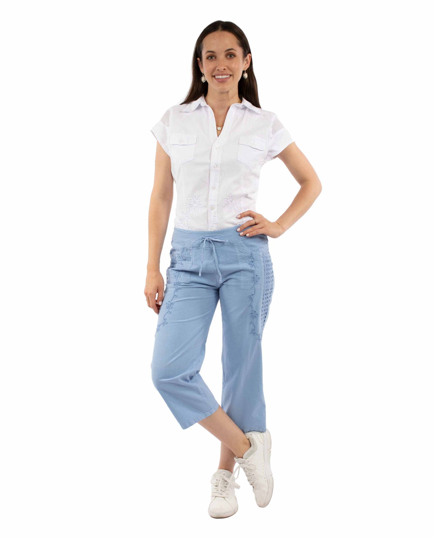Scully Women's Embroidered Capri Pant in Powder Blue