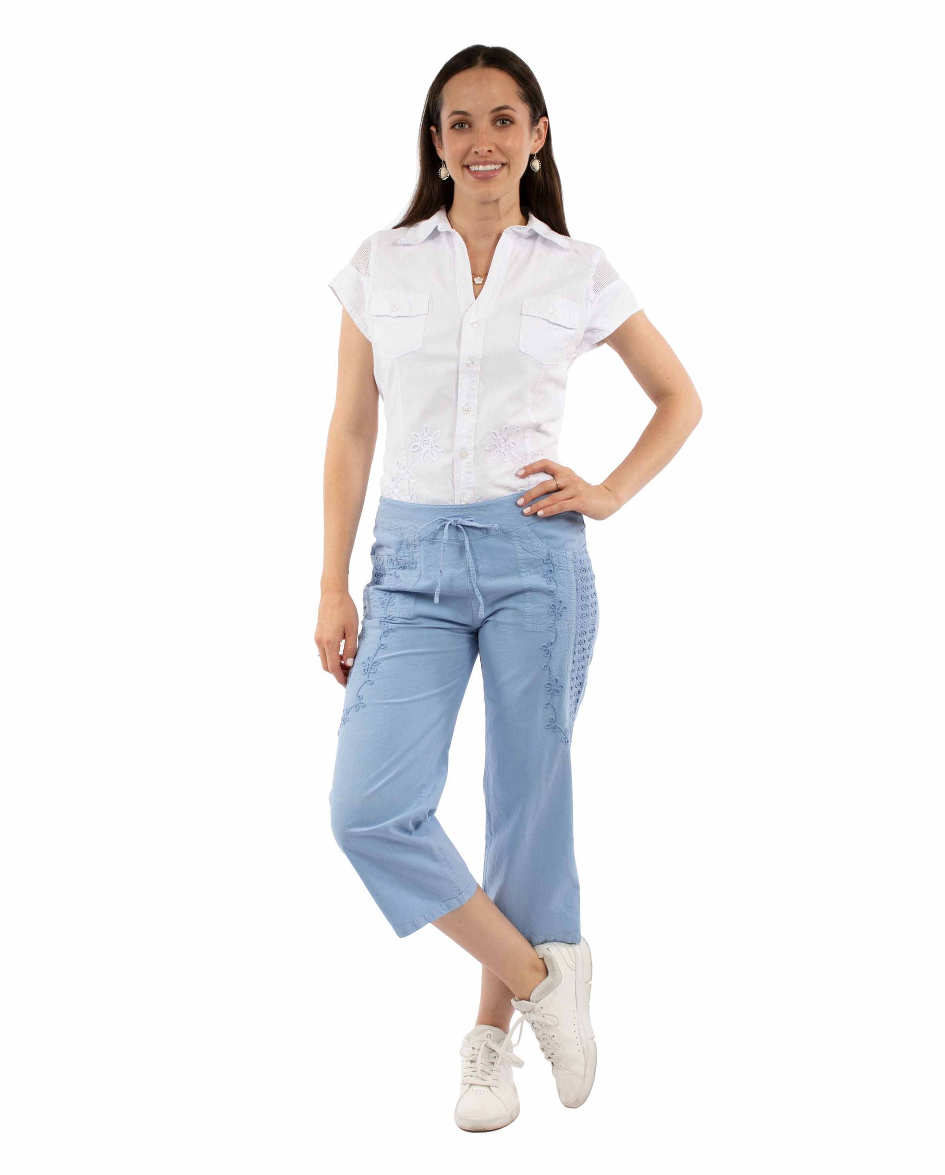 Scully Women's Embroidered Capri Pant in Powder Blue