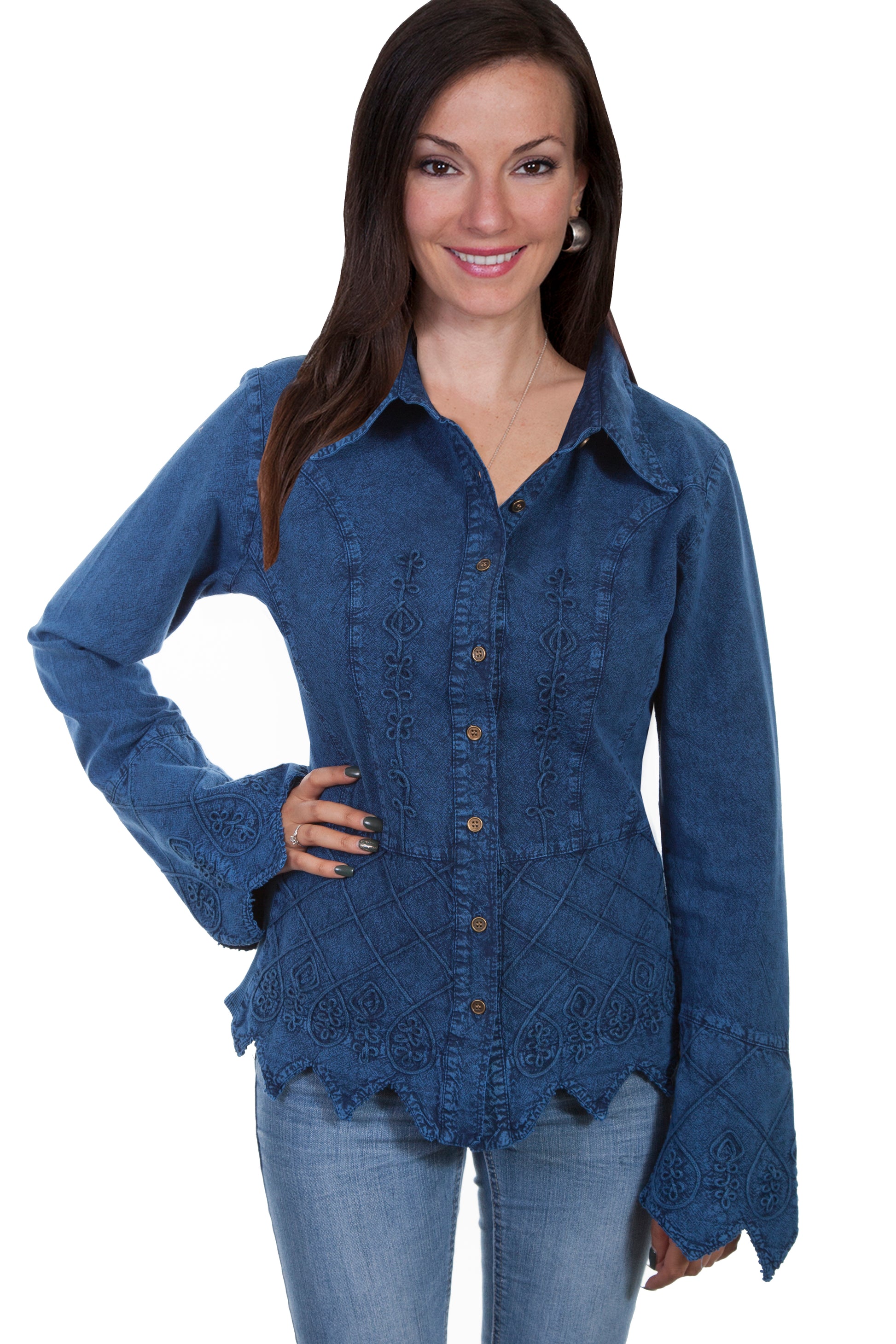 Scully Women's Long Sleeve Jagged Edge Soutache Blouse in Dark Blue