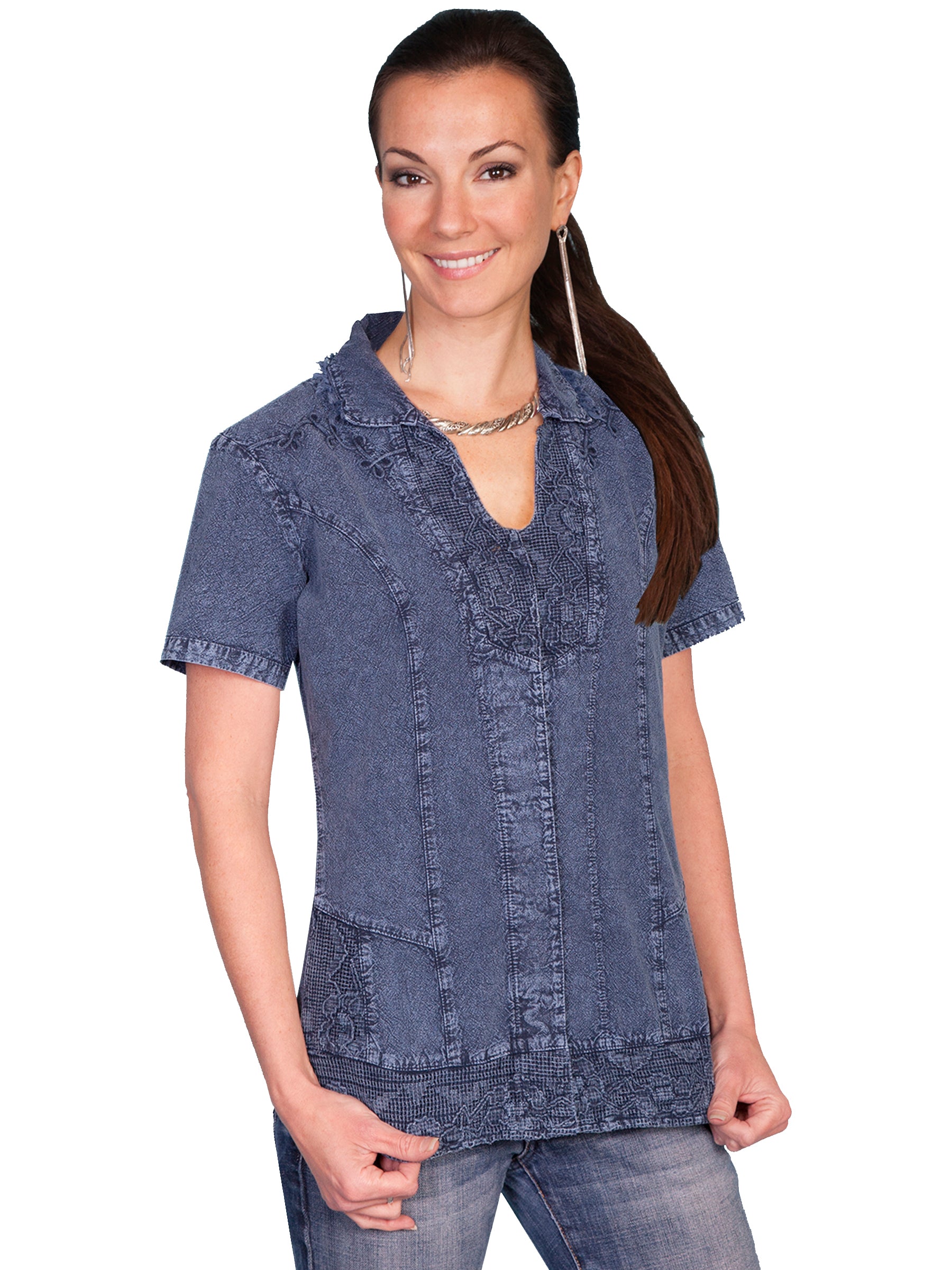 Scully Women's Button Front Short Sleeve Blouse in Dark Blue