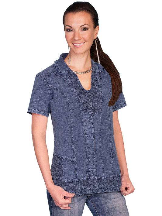 Scully Women's Button Front Short Sleeve Blouse in Dark Blue