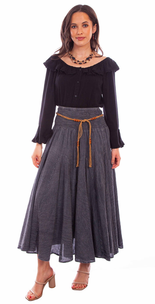 Scully Cantina Women's Acid Wash Skirt with Beaded Cord Belt in Charcoal