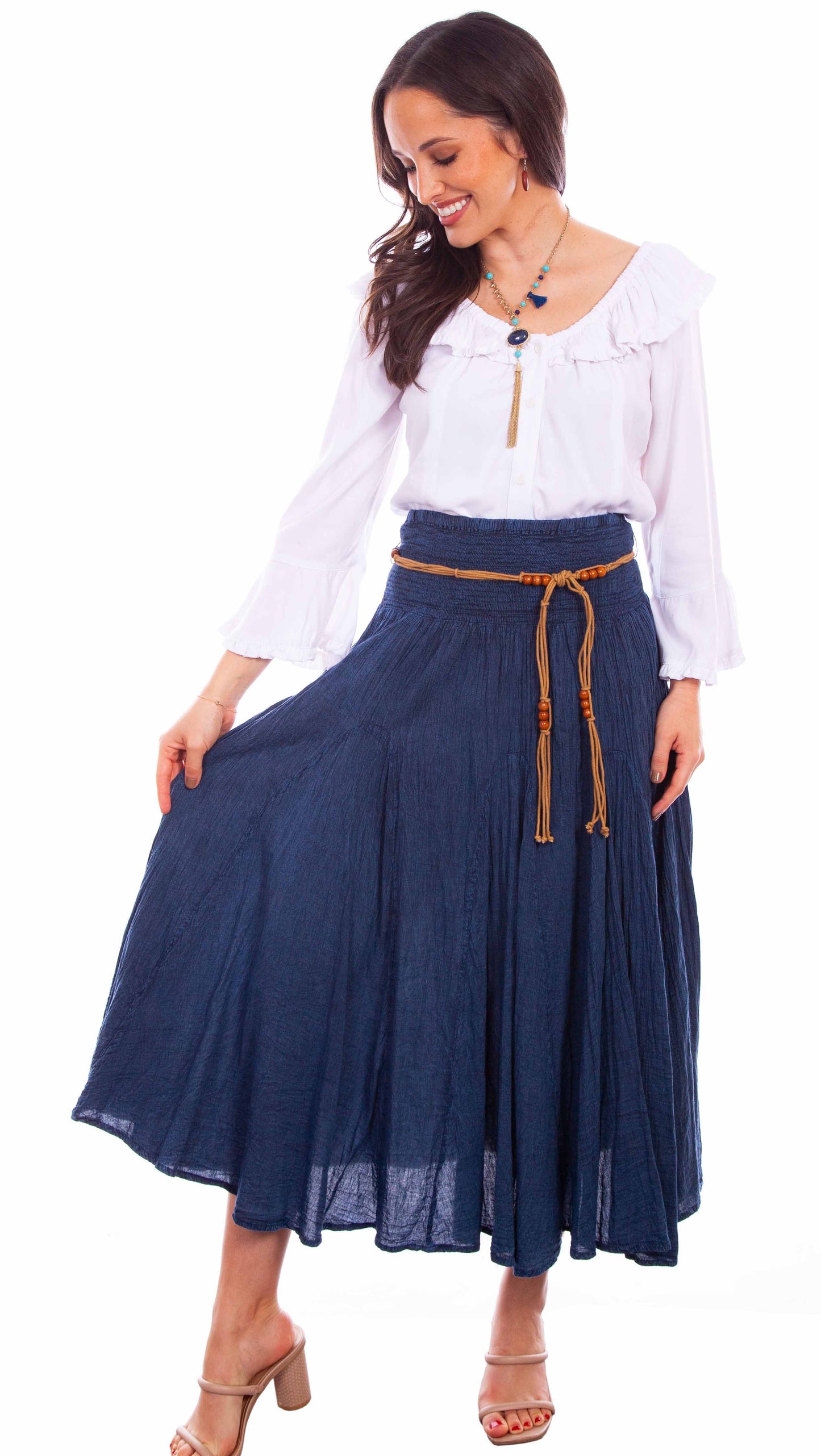 Scully Cantina Women's Acid Wash Skirt with Beaded Cord Belt in Dark Blue