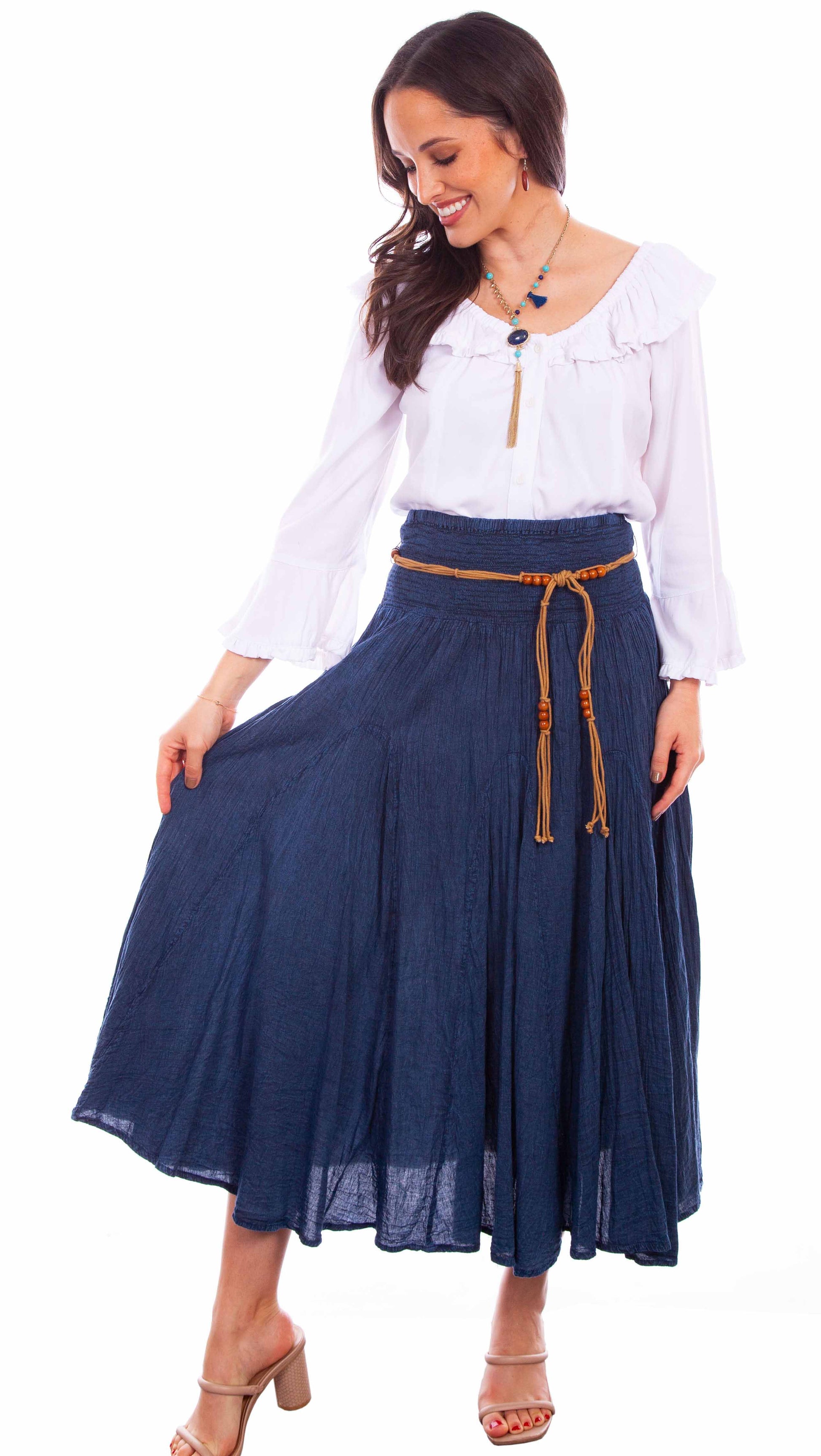 Scully Cantina Women's Acid Wash Skirt with Beaded Cord Belt in Dark Blue