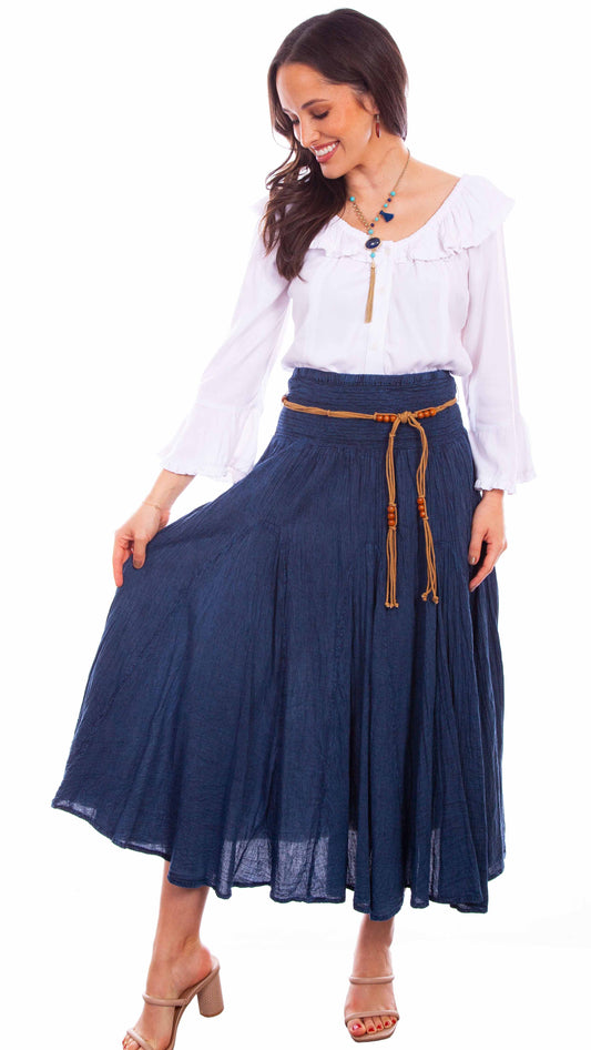 Scully Cantina Women's Acid Wash Skirt with Beaded Cord Belt in Dark Blue