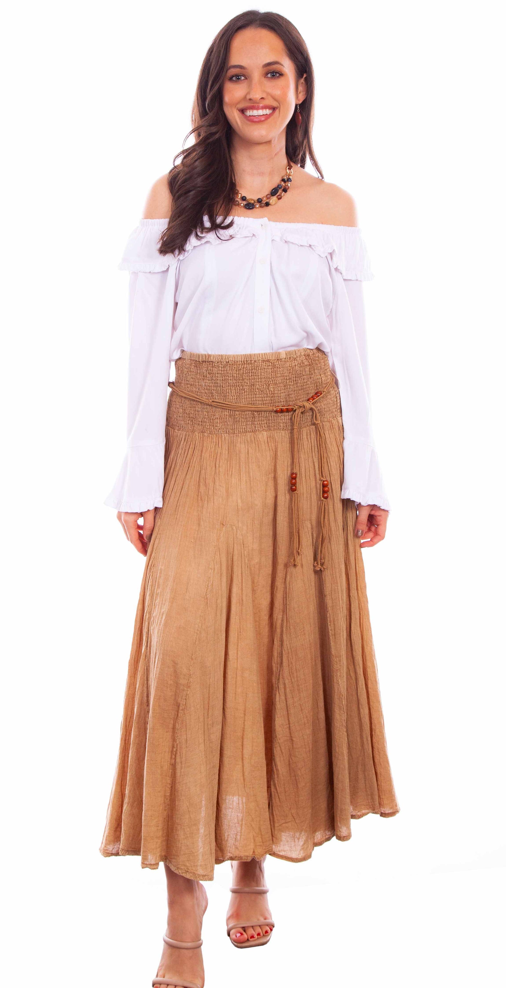 Scully Cantina Women's Acid Wash Skirt with Beaded Cord Belt in Khaki