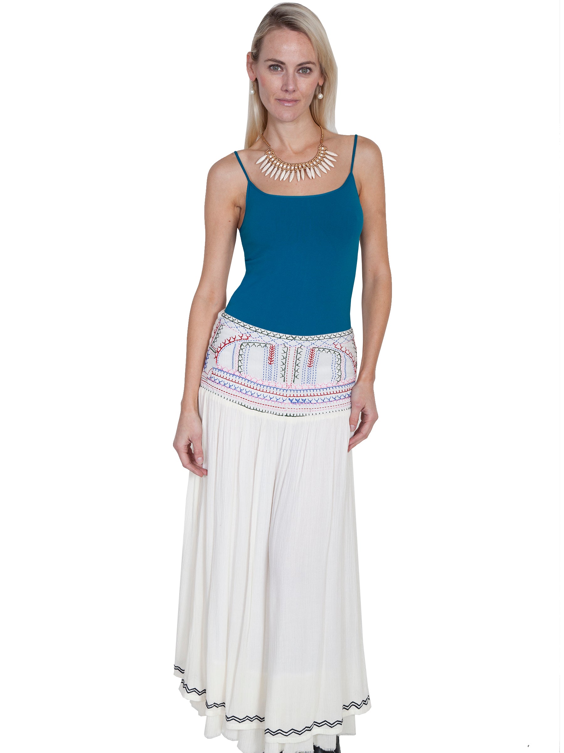 Scully Cantina Women's Lined Embroidered Front Panel Skirt in Natural