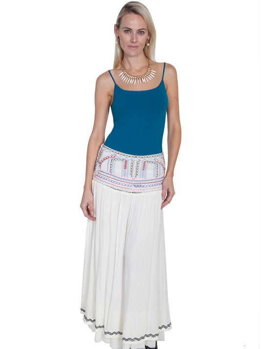 Scully Cantina Women's Lined Embroidered Front Panel Skirt in Natural